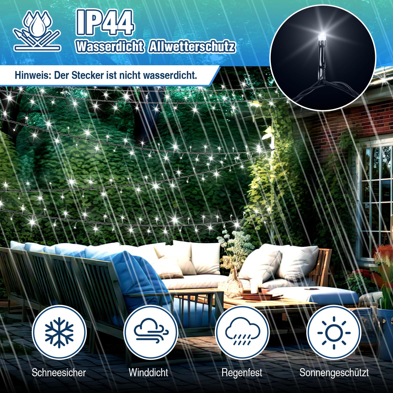 Fiqops LED Lichterkette Außen 200M 1000LEDs 8 Modi, Lichterketten IP44 wasserdicht mit Memory Funktion für Party Hochzeit Garten Balkon Weihnachten, Kaltes Weiß, Dunkelgrüner Draht