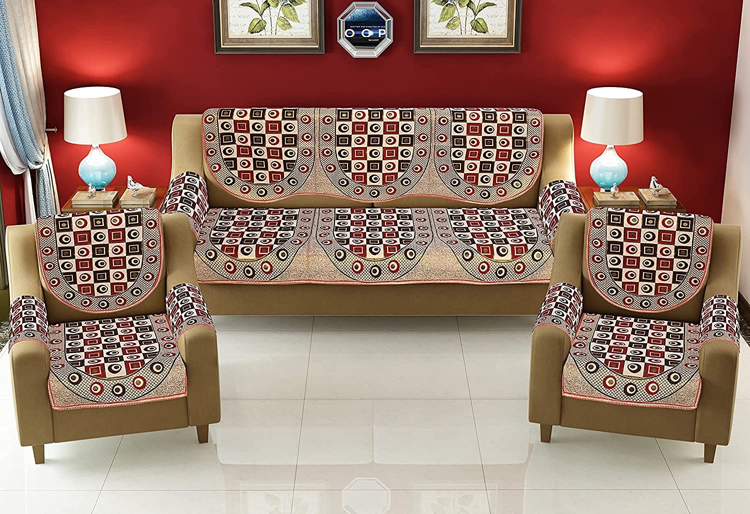 Manvi Creations 5 Seater Sofa Cover Set_3+2 Seaters Sofa Cover with Arm for Living Room_Washable 16 Pcs