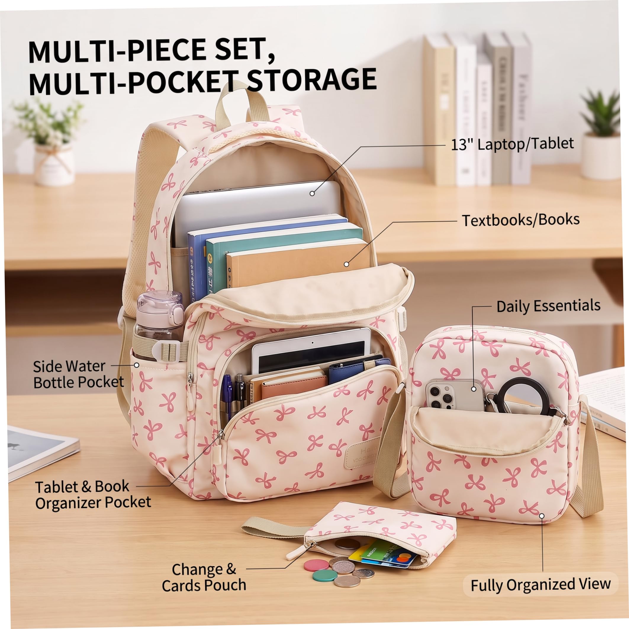 Borsa con fiocco per ragazze, set di borse leggere da 3 pezzi, bianco