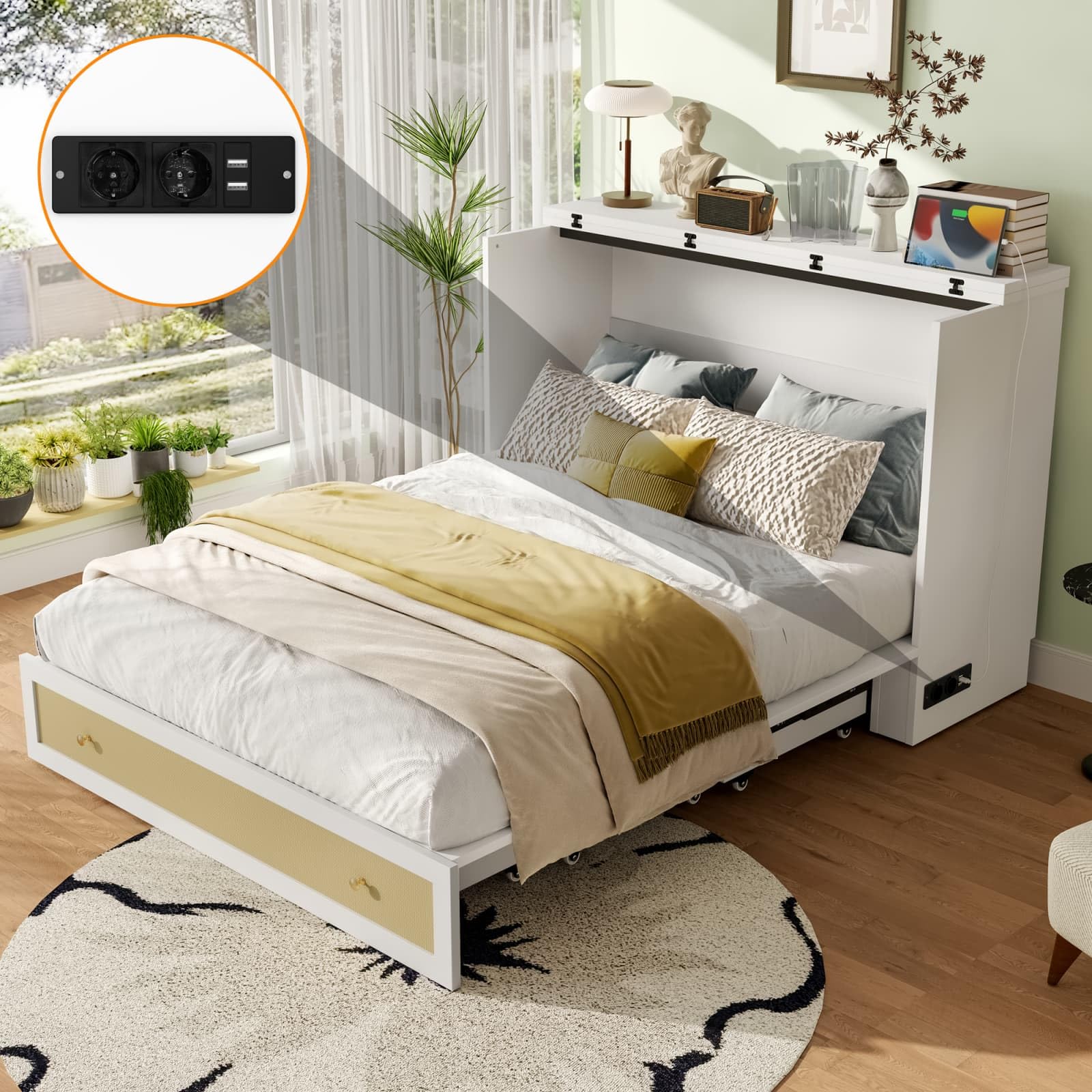 KOMHTOM Lit Escamotable en Bois 140 x 200 cm, Lit Multifonctionnel Transformable, Prise de Charge Intégrée et Port USB, Tiroir de Rangement(sans Matelas) (Blanc)