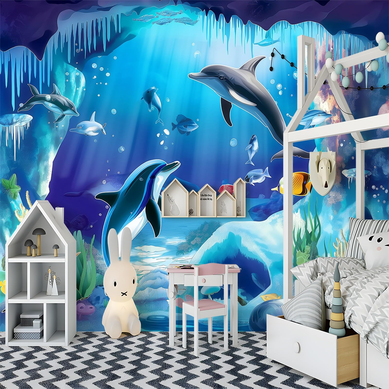 Tapeta 300 x 210 cm, tapeta na fizelinie, kreskówka, ocean, morze, delfin, wodoodporna, folia ochronna na ścianę, do sypialni, salonu, folia meblowa, tapeta ścienna, kolorowa, w zestawie poradnik do