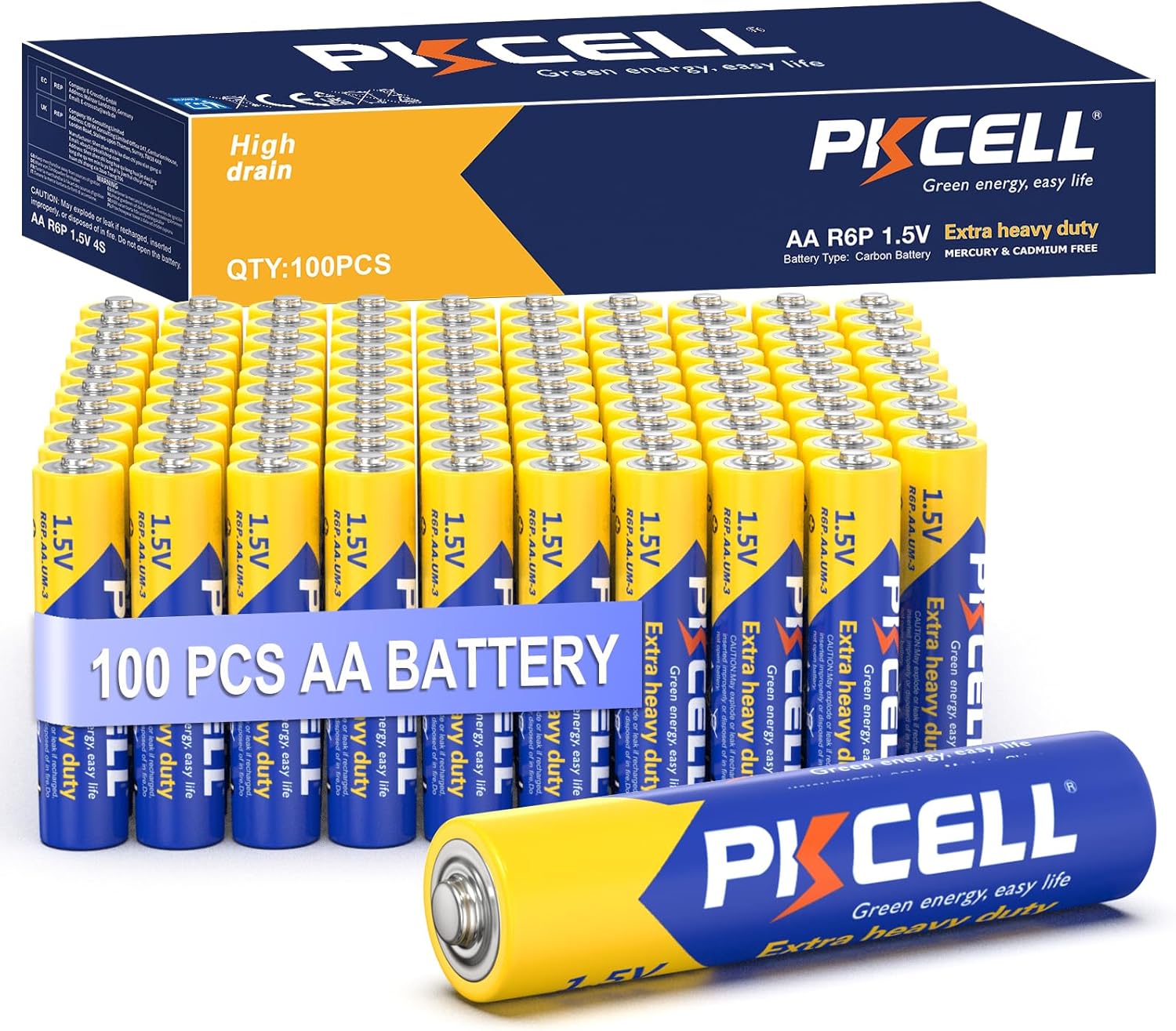 PKCELL AA Batteries 100 Pack, Double A Batteries, 1.5V High-Performance Carbon Battery for LED Candles Clock Remote Controls Flashlights