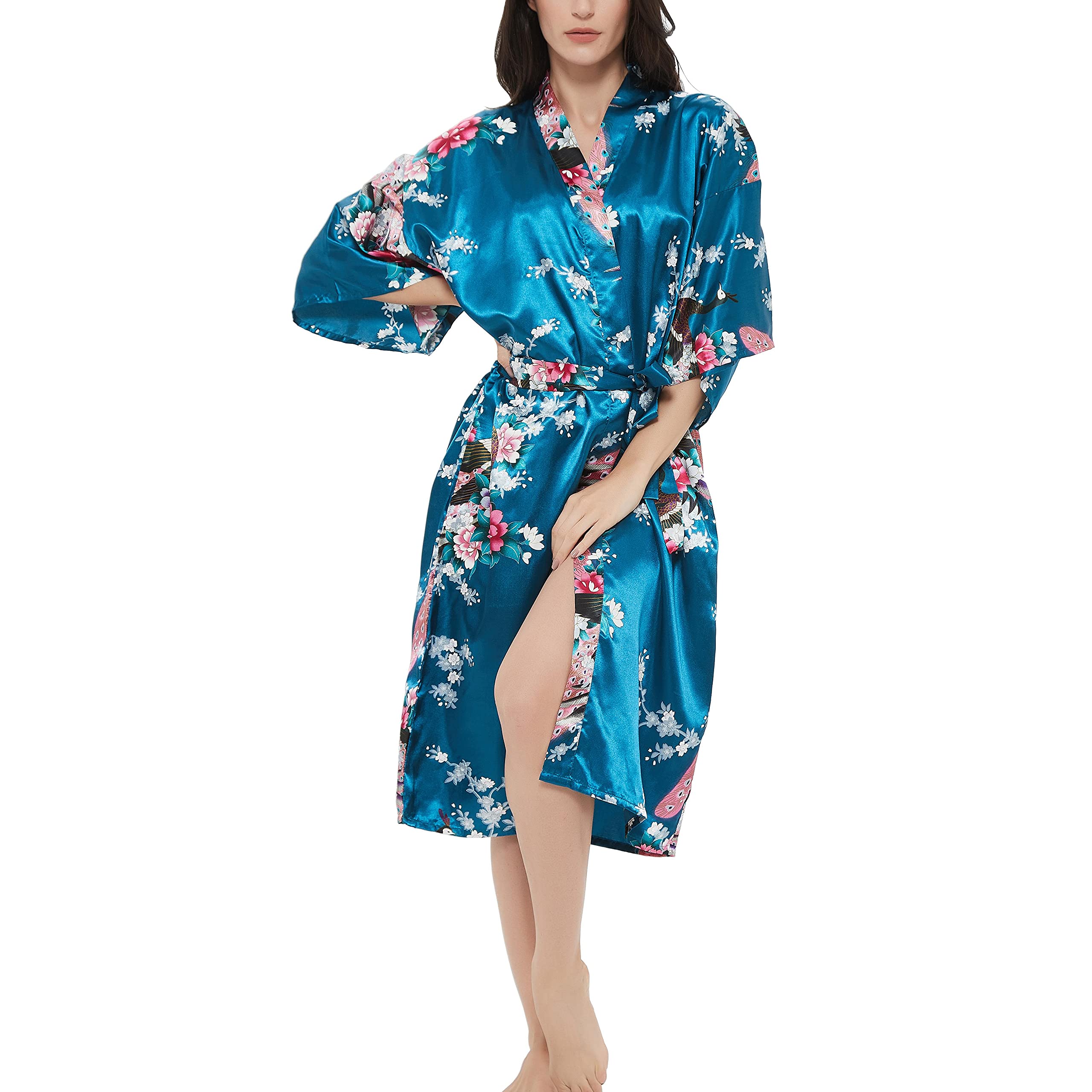 RoobeesWomen's Satin Rose Print Kimono Robe Premium Peacock Bridesmaid Bridal Dressing Gown Sleepwear Nightwear