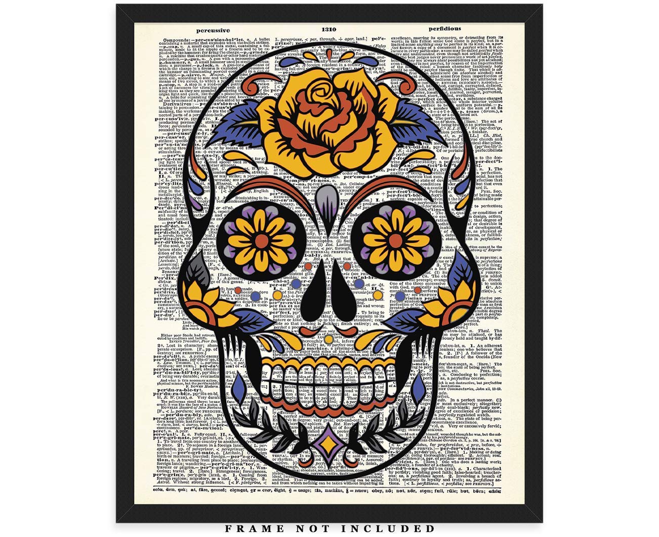 Vintage Sugar Skull Dictionary Halloween Wall Decor - 8x10 Unframed Halloween Pictures, Goth & Wiccan Decor for Fall & Halloween Wall Art - Creative Gift Idea for Witchy Home & Goth Room Decor Lovers