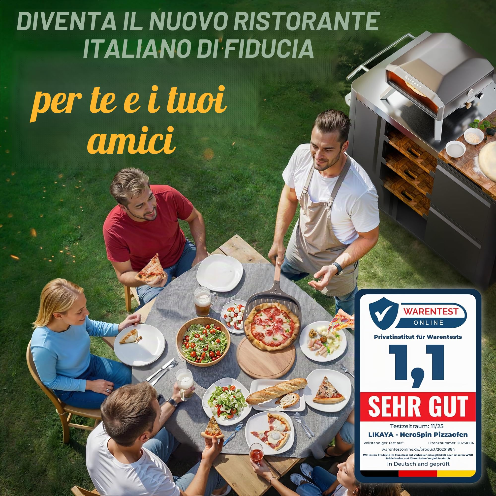 LIKAYA NeroSpin - Forno per pizza a gas, 6,2 kW, per esterni, 450 °C, con pietra per pizza, piatto girevole, pala per pizza, borsa e termometro laser, per pizza croccante in soli 90 secondi