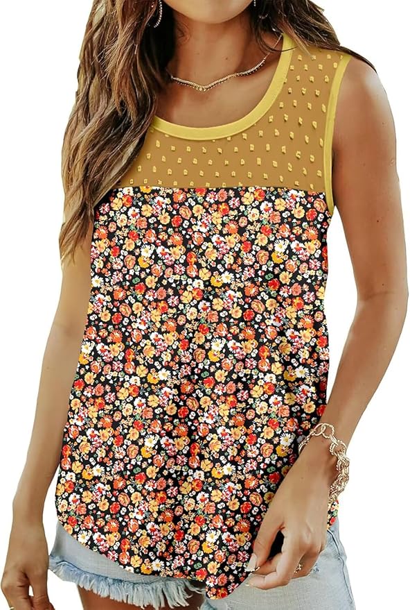 KISSMODA Womens Flora Print Tank Tops Ribbed Summer Shirt Sleeveless Summer Casual Women Blouses(S-3XL)