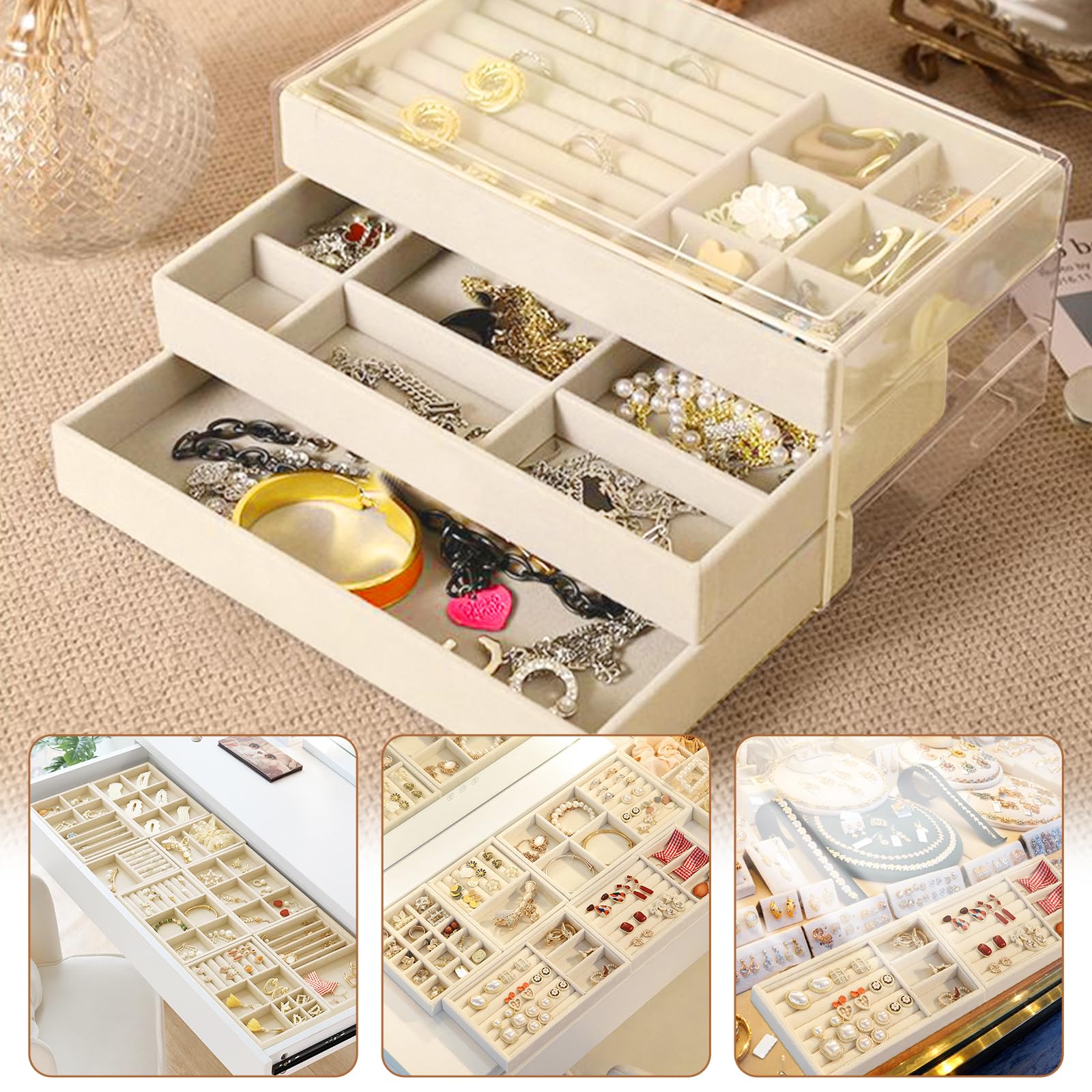 SUKARNE 6 bandejas para joyas, terciopelo para cajones, organizador de joyas apilable, cajón de almacenamiento para pendientes, anillos, pulseras, broches, collares (beige)
