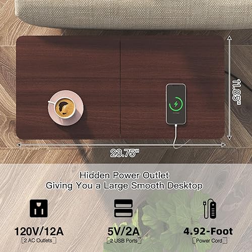 Miniatura 7 de SOOWERY Mesa auxiliar con estación de carga, mesa auxiliar estrecha con armario abatible y cajón de tela, mesitas de noche para espacios pequeños,