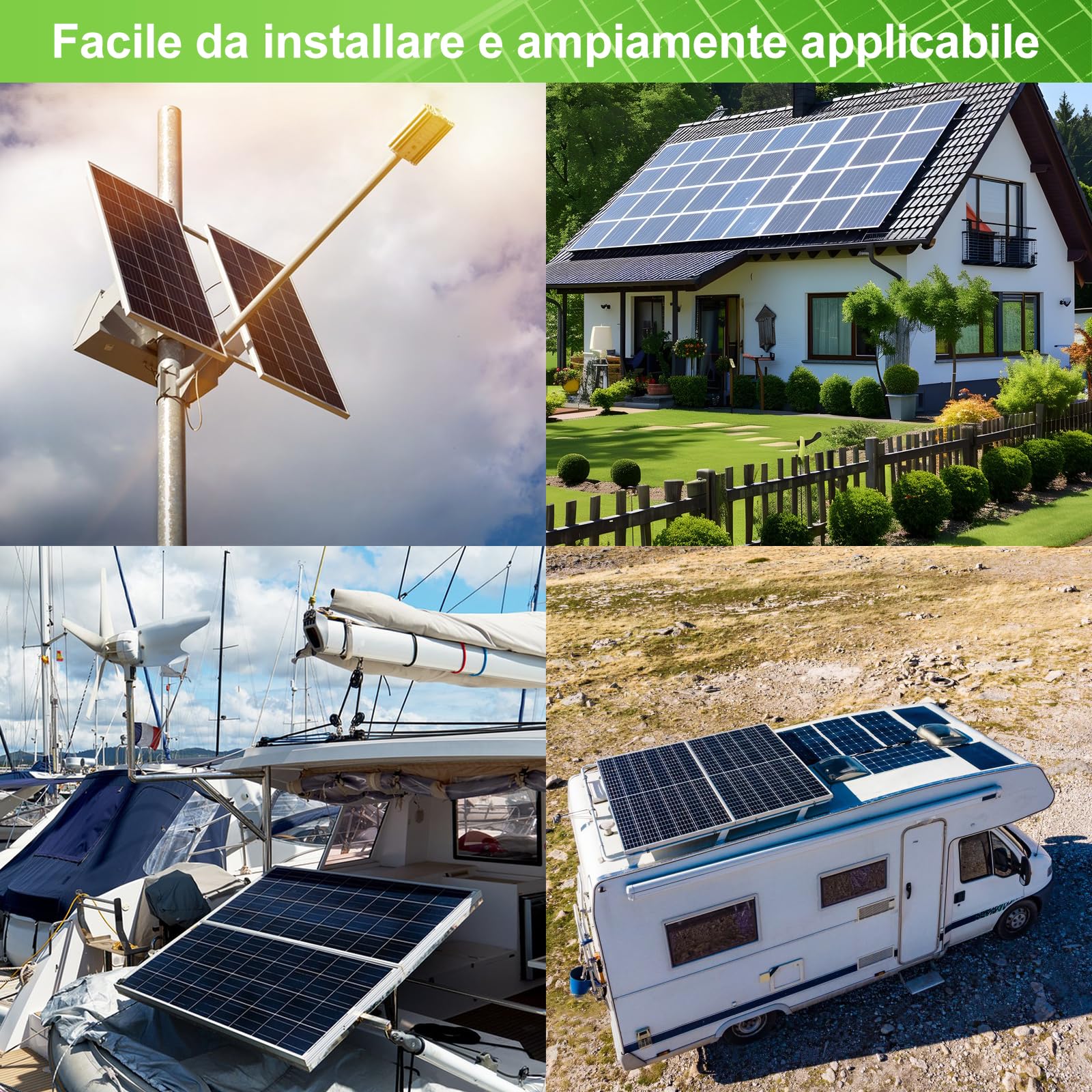 Pannello Solare da 50W 12V Kit: 2x25 W, Modulo Solare Monocristallino con Regolatore di Carica 10A, 2 Prolunghe e 2 Morsetti a Coccodrillo per Campeggio, Roulotte, Caravan, Barca