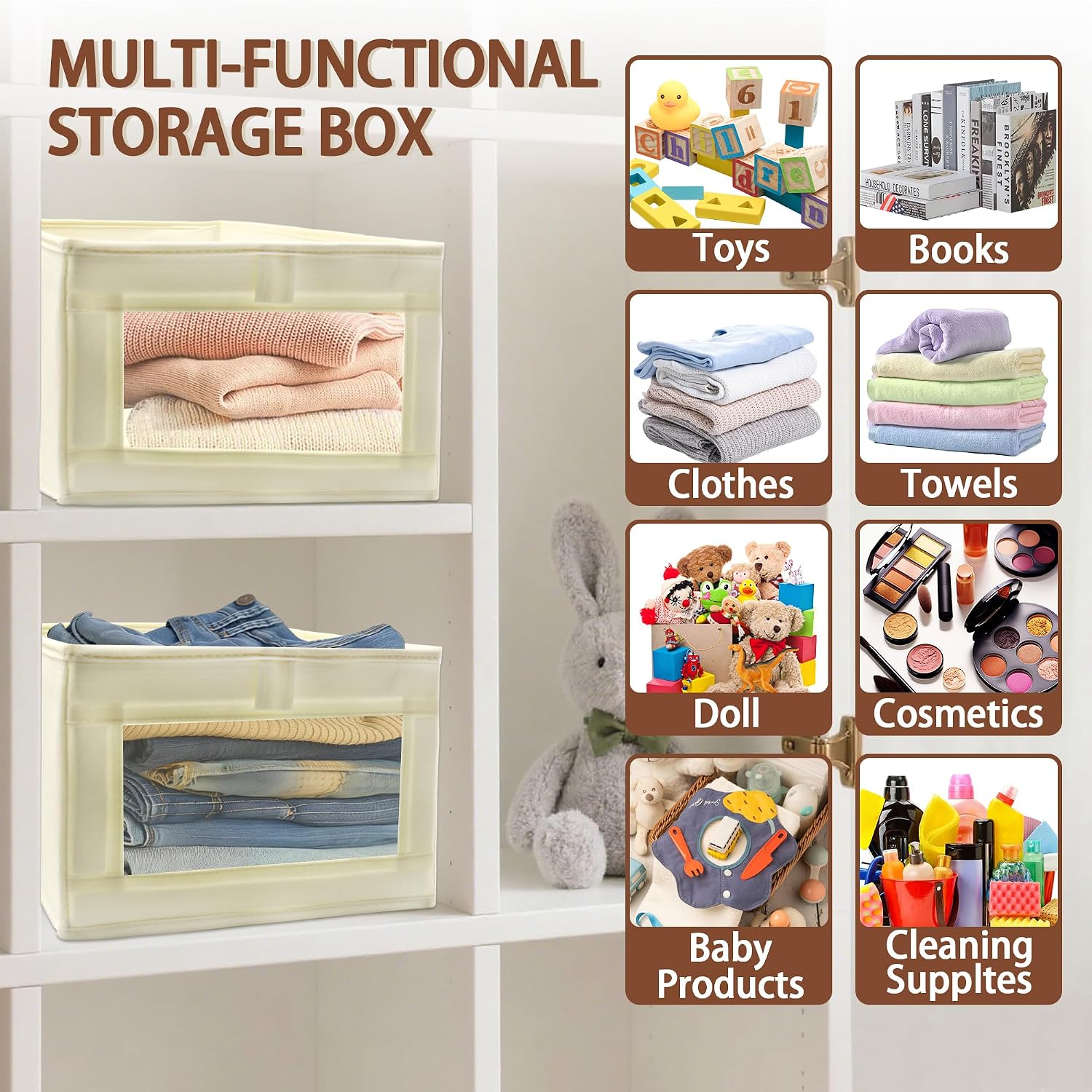 Yitexin 4 Packs Foldable Linen Closet Organizers and Storage with Mesh Window, Fabric Closet Storage Bins Basket Box for Clothes Shelves Drawer Book Towel Wardrobe Underwear Home Dorm Beige (Beige)
