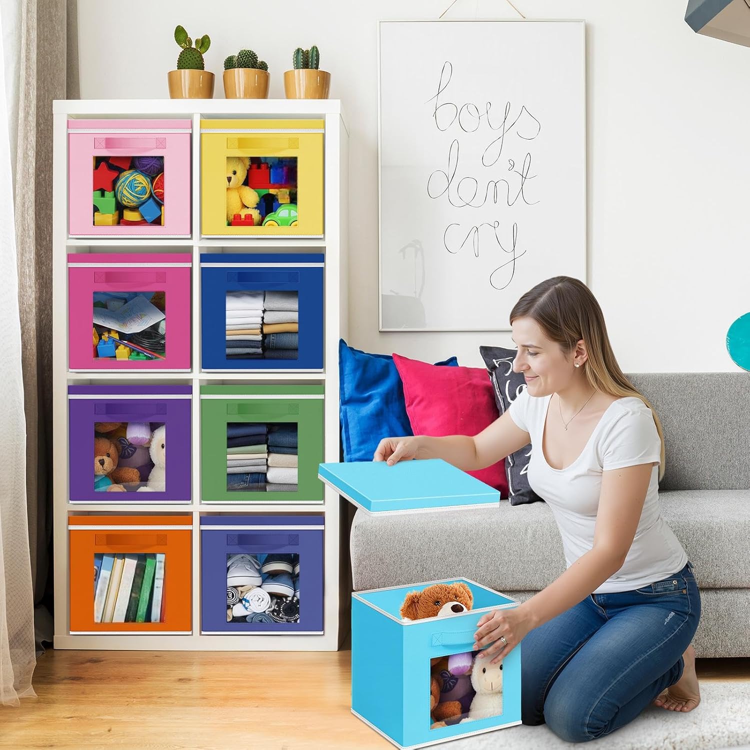 10 Pcs Fabric Storage Cubes with Lids and Clear Windows 11x11 Inch Foldable Closet Organizer Bins Aesthetic Rainbow Storage Bins for Shelves Dorm Essentials Craft & Office Organization