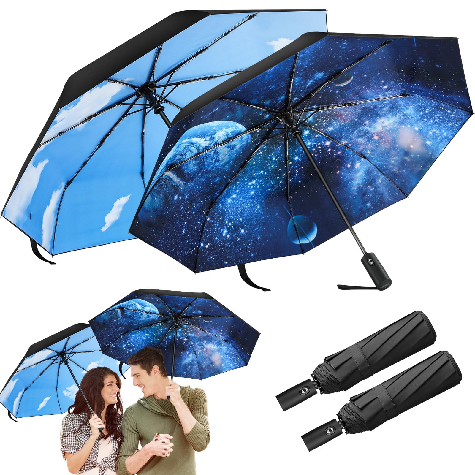 2-Pack Compact Travel Umbrellas for Rain Windproof, Portable, Automatic, Strong, Durable, Premium Handle, Vibrant Designs, Foldable Perfect Car Umbrella and On-the-go