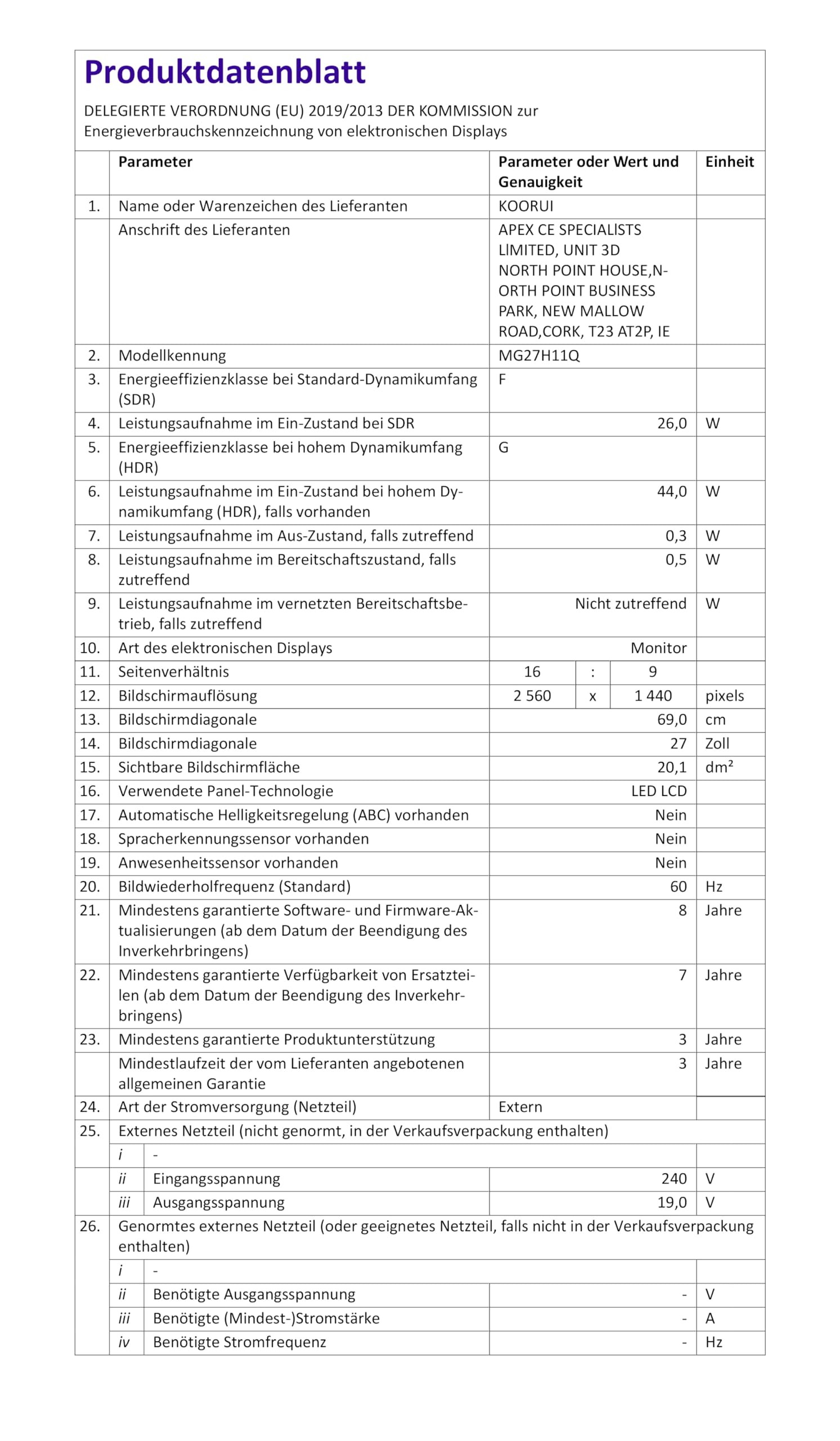 KOORUI Gaming Monitor 27 Zoll, 165Hz, FHD, IPS, 1ms GTG, Adaptive Sync
