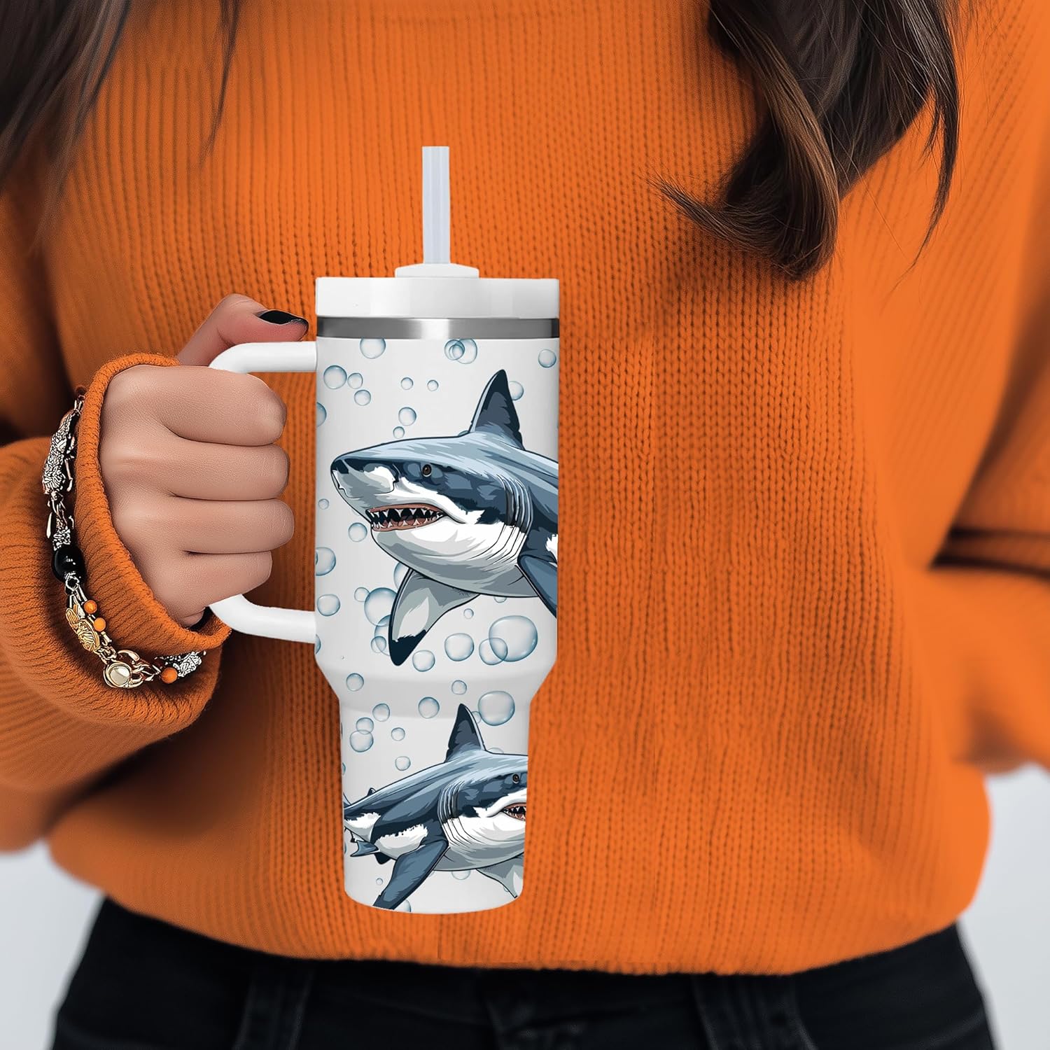 AMZUShome 40 OZ Shark Tumbler with Handle.Shark Lover Gifts.Unique Birthday Christmas Gifts for Shark Lover.Personalized 40 OZ Sharks Tumbler Gifts for Women Men. - Image 3