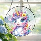 Personalized Name Unicorn Glass Suncatcher, Lovely Unicorn Wearing Flower Crown Window Suncatcher, Gift for Kids Baby Girl, Custom Round Glass Sun Catcher for Baby's Room Decor