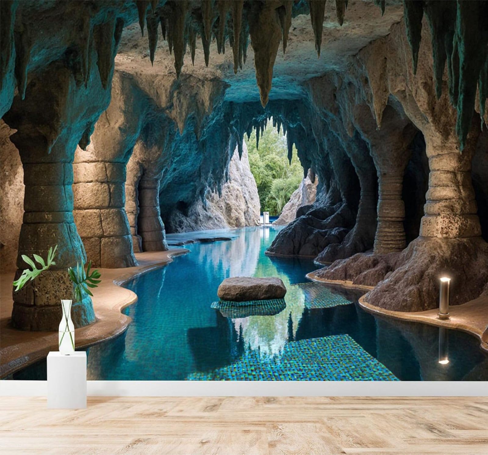 XLMING Three Dimensional Blue Cave Rock Pillars Reflective Pool Space 3D Wallpaper Silky Texture Home Study Office Grey Dining Room Sofa Bedroom Living Room TV Backdrop-350cm×256cm
