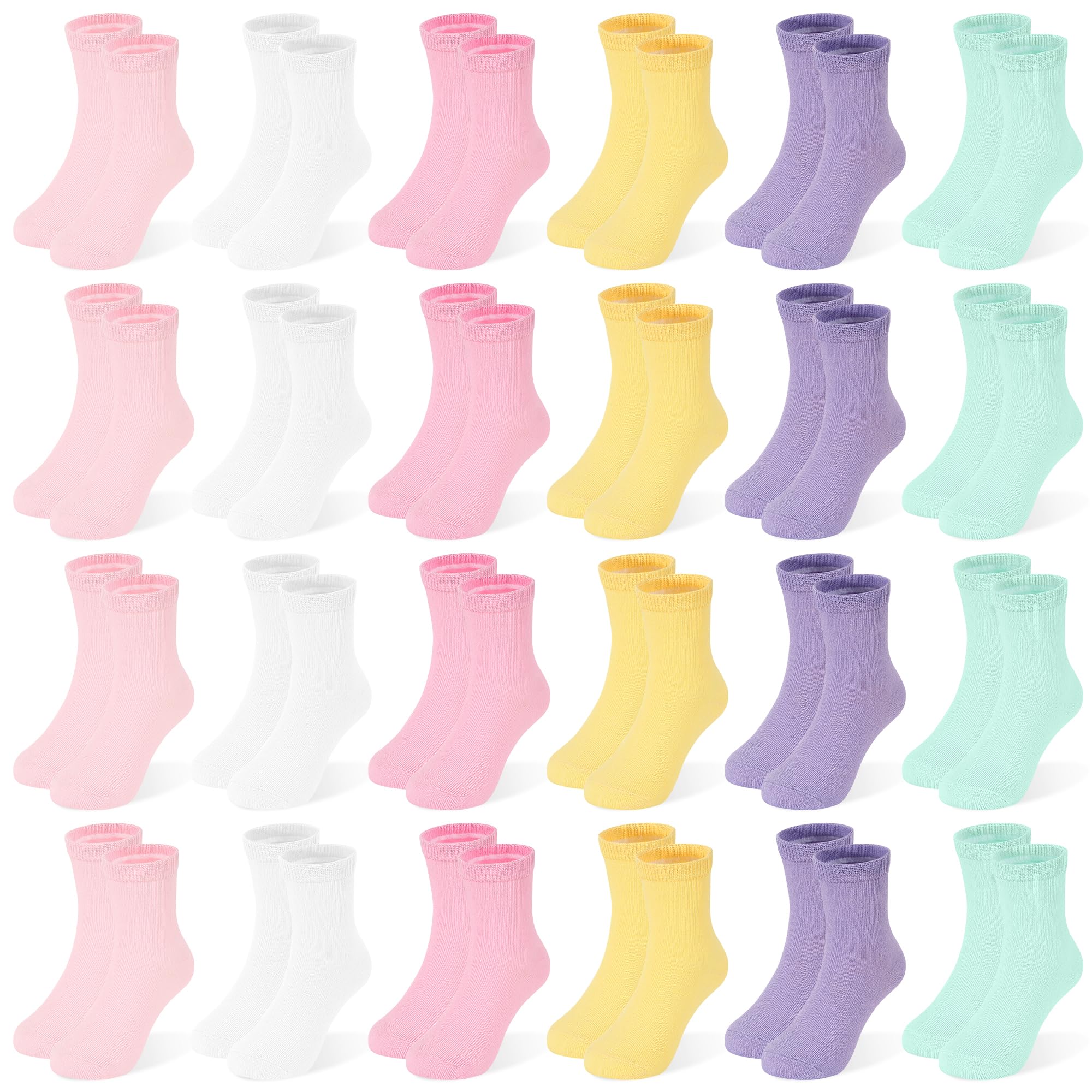 24 Pairs Girls Solid Crew Socks, Kids School Uniform Athletic Socks Ages 1-14