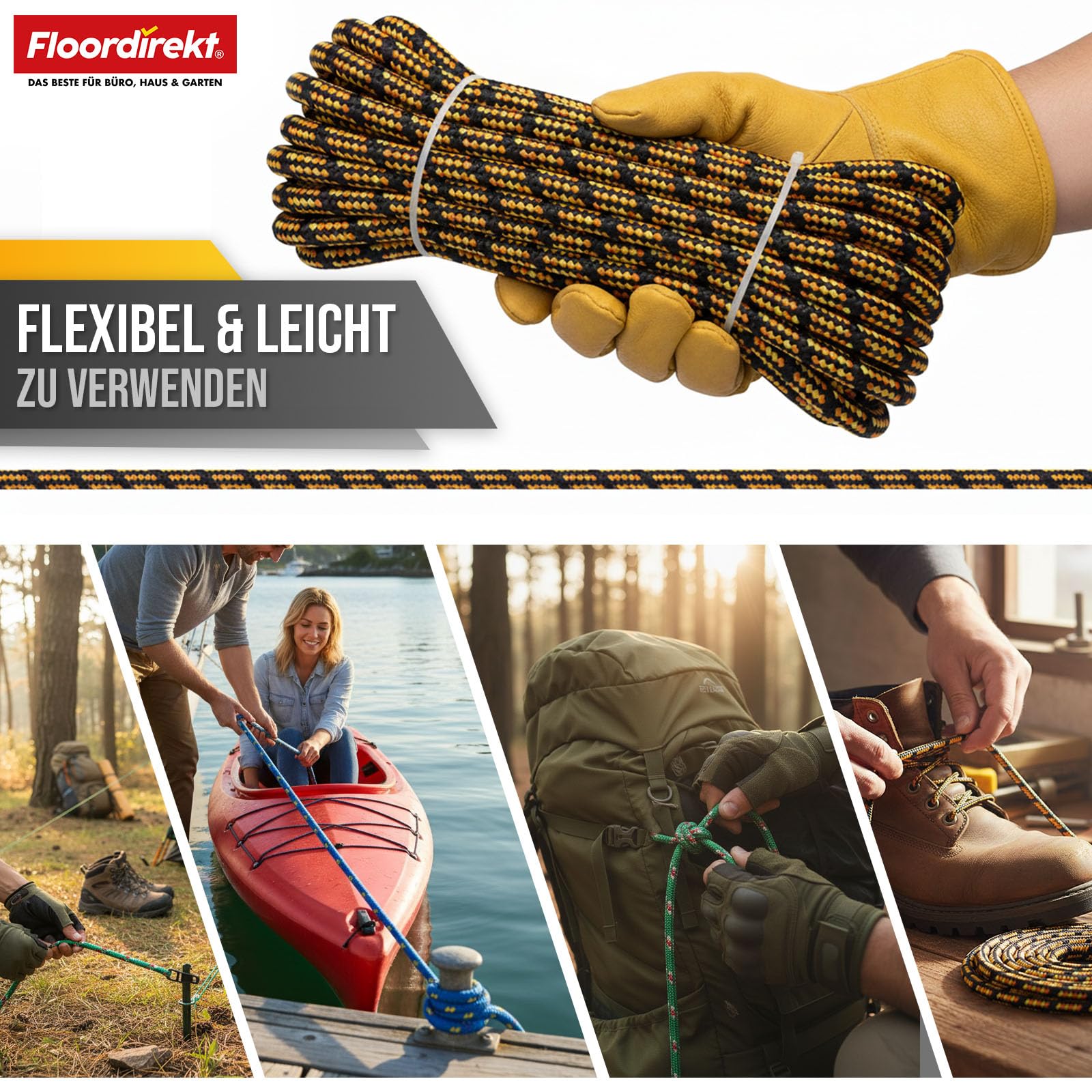 Floordirekt Polypropylen Seil K2 – 20mm 30m schwarz-orange, UV-beständig & wetterfest – strapazierfähiges PP-Seil für Garten, Camping, Boot & Landwirtschaft