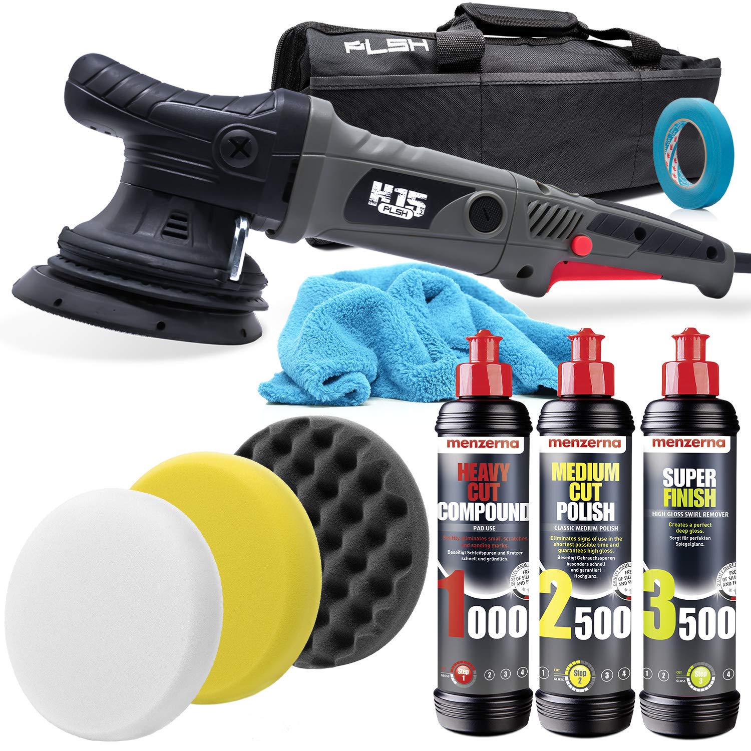 detailmate Auto Polier Set: PLSH H15 Exzenter Poliermaschine + menzerna Heavy Cut 1000 - Medium Cut 2500 - Super Finish 3500 + 3 passende Polierpads + 3M Band + detailmate Mikrofasertuch 550GSM