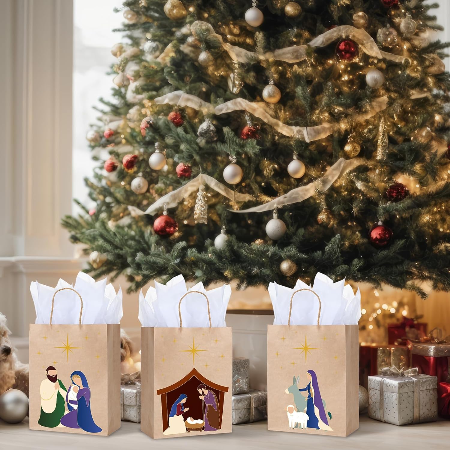 Talltalk 30 Pcs Christmas Nativity Gift Bags Bulk 10.24 x 8.66 Inch Religious Christian Treat Goodies Paper Bags with White Tissue Paper for Xmas Holiday Party Favor