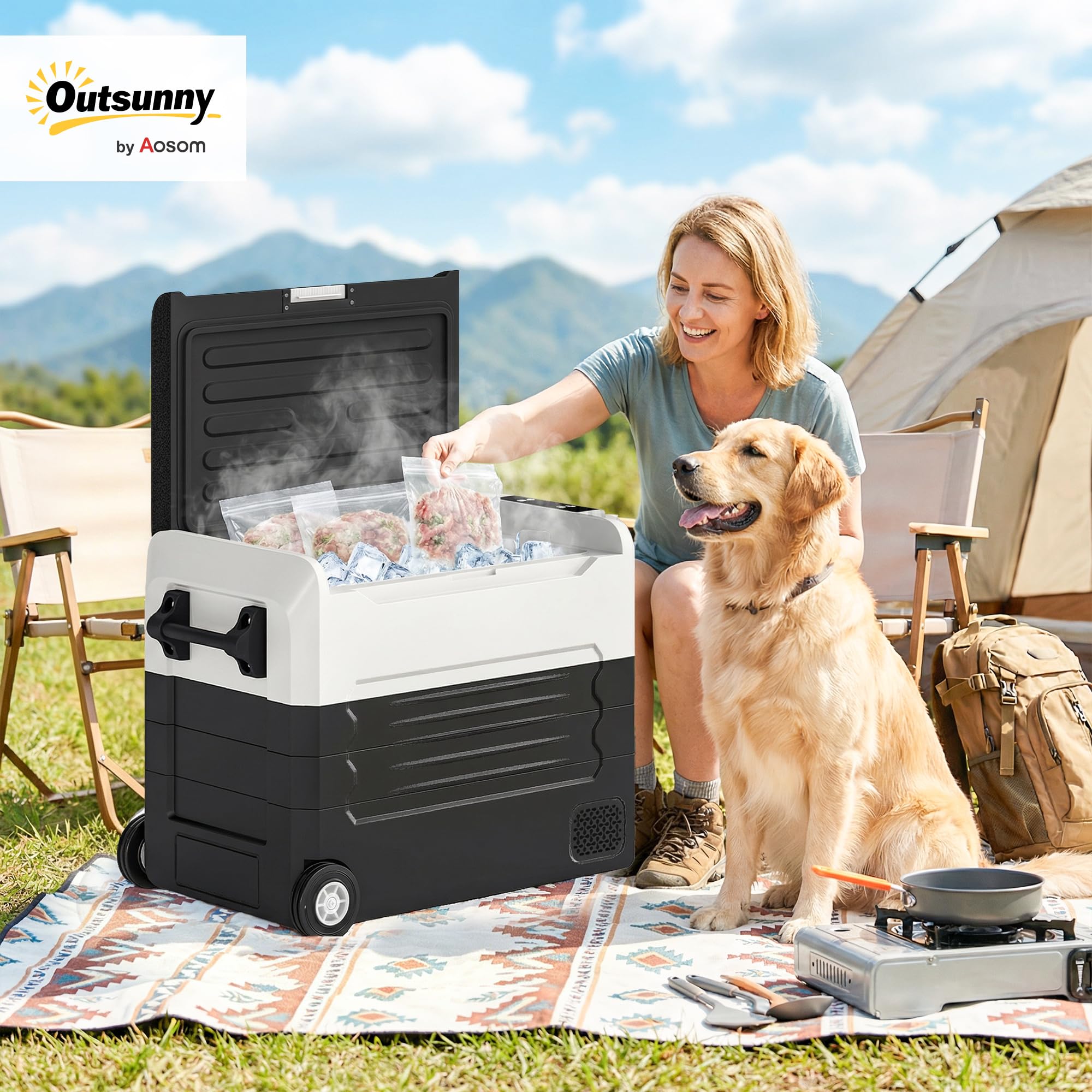Outsunny Frigorifero Portatile per Auto 50L a Doppia Zona con Compressore, Frigo Elettrico Anti-Shock, APP Bluetooth, Ruote, Maniglia Pieghevole, 12V/240V, -20°C a 20°C, per Campeggio Camion Barca