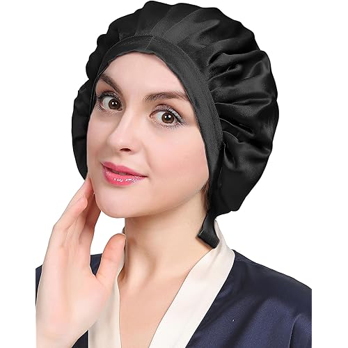 LILYSILK 100% Mulberry Silk Bonnet, 19 Momme Silk Night Sleep Cap Adjustable Hair Wrap for Sleeping, Black