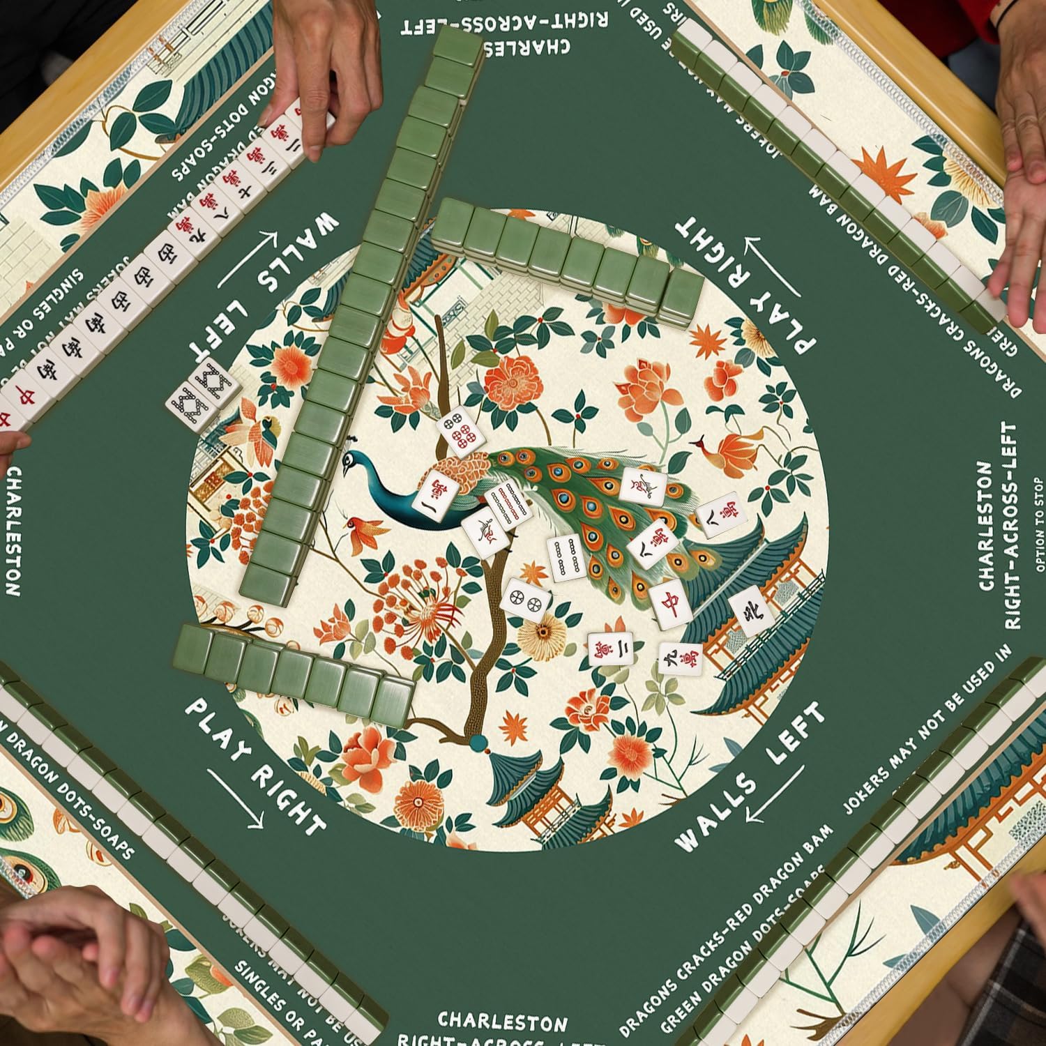 WHCHJ Green Chinoiserie Peacock Mahjong Mat 31.5x31.5, Oriental Floral Peacock Chinese Non-Slip Noise Reduction Mahjong Table Mat for American Mah Jong Poker Board Games Card Games Dominoes