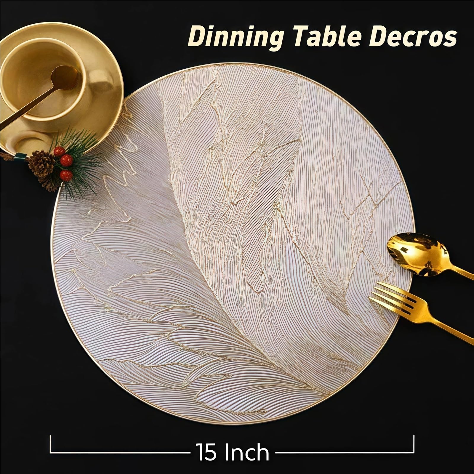 Manteles Individuales Redondos, manteles de Mesa Dorados Lavables prensados ​​con Plumas, Lugar Hoja Comedor for decoración for Fiesta Boda y Vacaciones(6PCS)