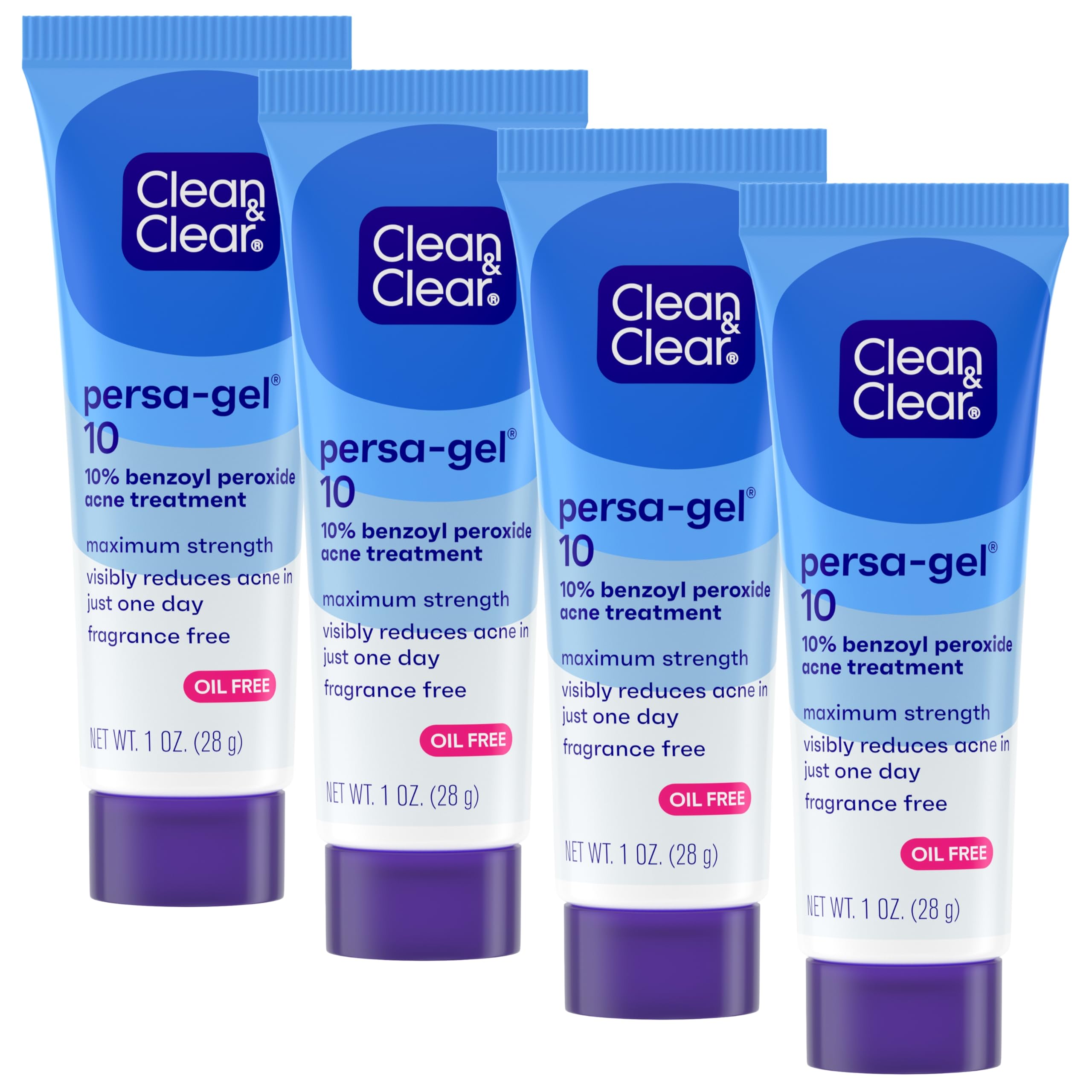 Clean & Clear Persa-Gel 10 Oil-Free Acne Spot Treatment with Maximum Strength 10% Benzoyl Peroxide, Topical Pimple Cream & Acne Gel Medication for Face Acne, Fragrance-Free, 1 fl. oz, 4 Pack
