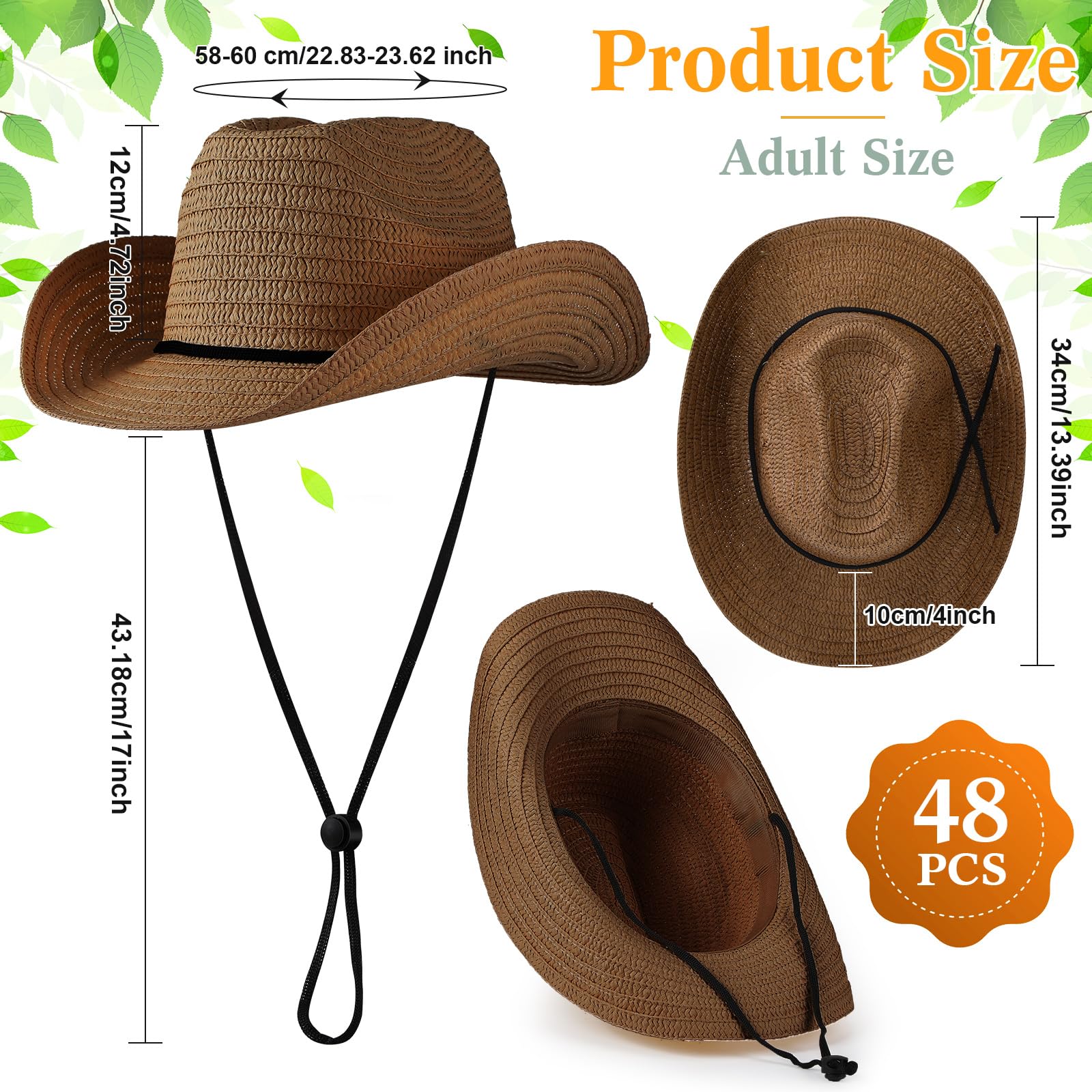 Unittype 48 Pcs Adult Cowboy Hat Bulk Western Party Straw Hat Unisex Cowboy Cowgirl Set for Women Men (Brown)