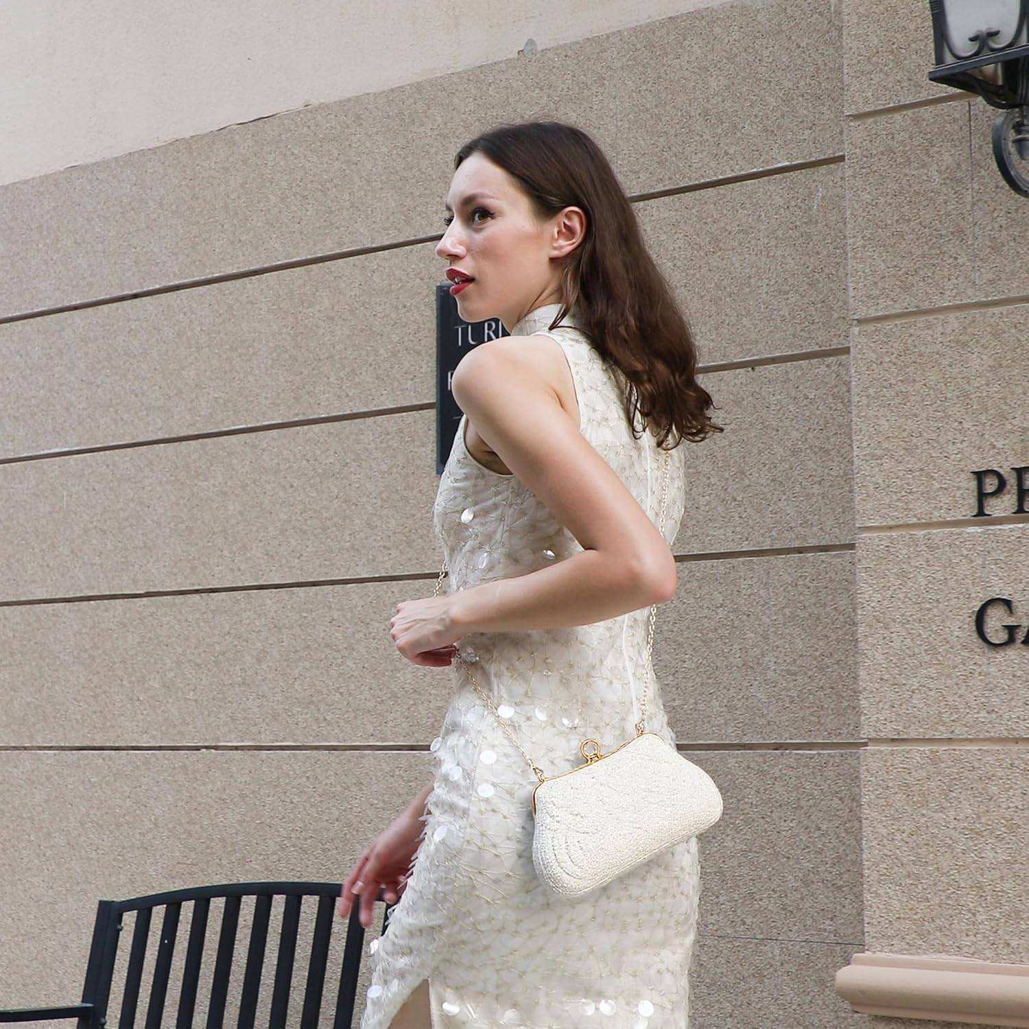 UBORSE Women Pearl Clutch Bag Noble Crystal Beaded Evening Bag Wedding Clutch with Pearl Chain - Image 3