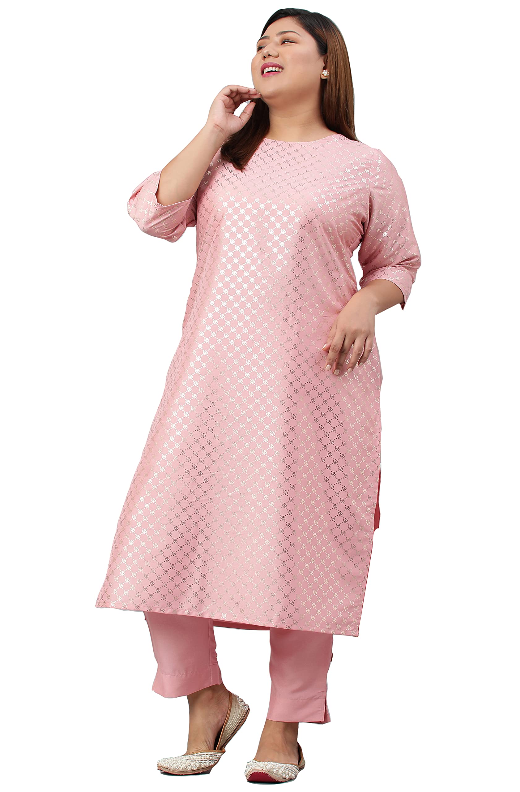 JanasyaXL LOVE Plus Size Pink Poly Silk Kurta With Pant