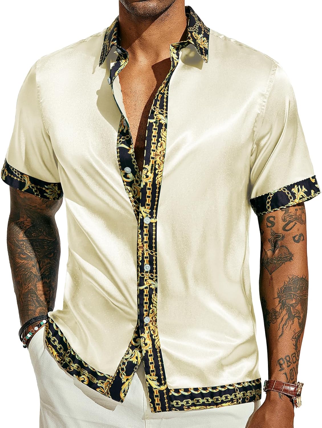 PJ PAUL JONES Mens Short Sleeve Button Down Shirts Casual Stretch Satin Silk Hawaiian Beach Shirt