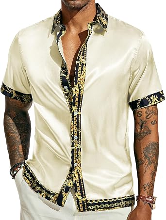 PJ PAUL JONES Mens Button Down Short Sleeve Shirts Satin Shirt