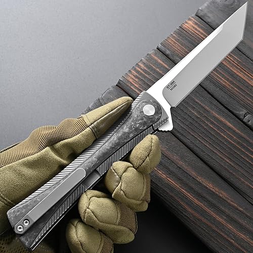 Miniatura 6 de Sitivien ST994 Cuchillo plegable, hecho a mano, hoja de acero cepillado M390 con mango de fibra de carbono de titanio, cuchillo de herramienta EDC