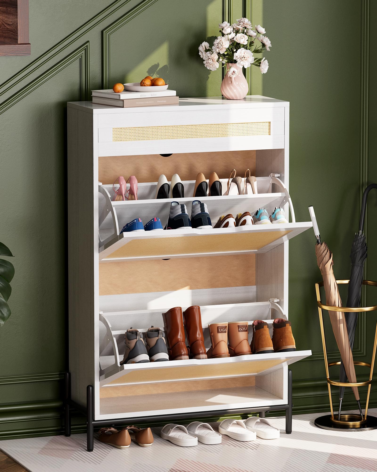 Zapatero estrecho de madera con 2 puertas abatibles y estantes ajustables - Cajón superior, estructura MDF estable - Diseño moderno y compacto, almacenamiento ventilado para entrada o recibidor