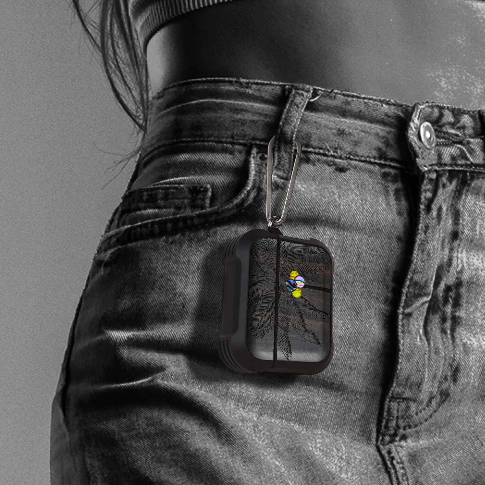 Carveit Etui kompatybilne z AirPods Pro 3 (2025), etui ochronne [grawerunek z drewna i muszla] [tytanowe szybkie zapięcie] do Airpods Pro 3 Skin 2025 etui (ciemne drewno-palma)