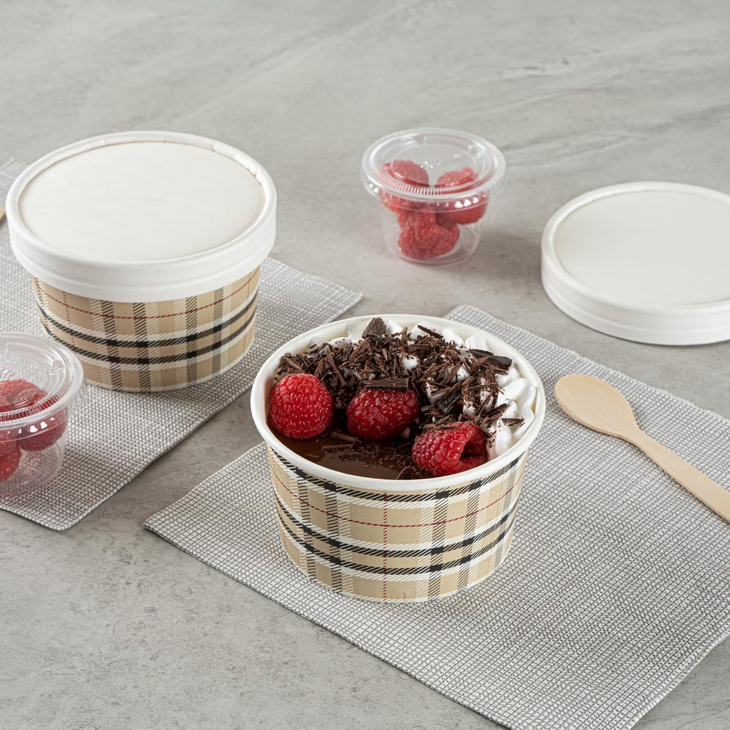 Restaurantware Coppetta 12 Ounce Dessert Cups, 200 Disposable Ice Cream Cups - Lids Sold Separately, Sturdy, Plaid Paper FroYo Bowls, For Hot And Cold Foods, Perfect For Gelato Or Mousse - Image 6