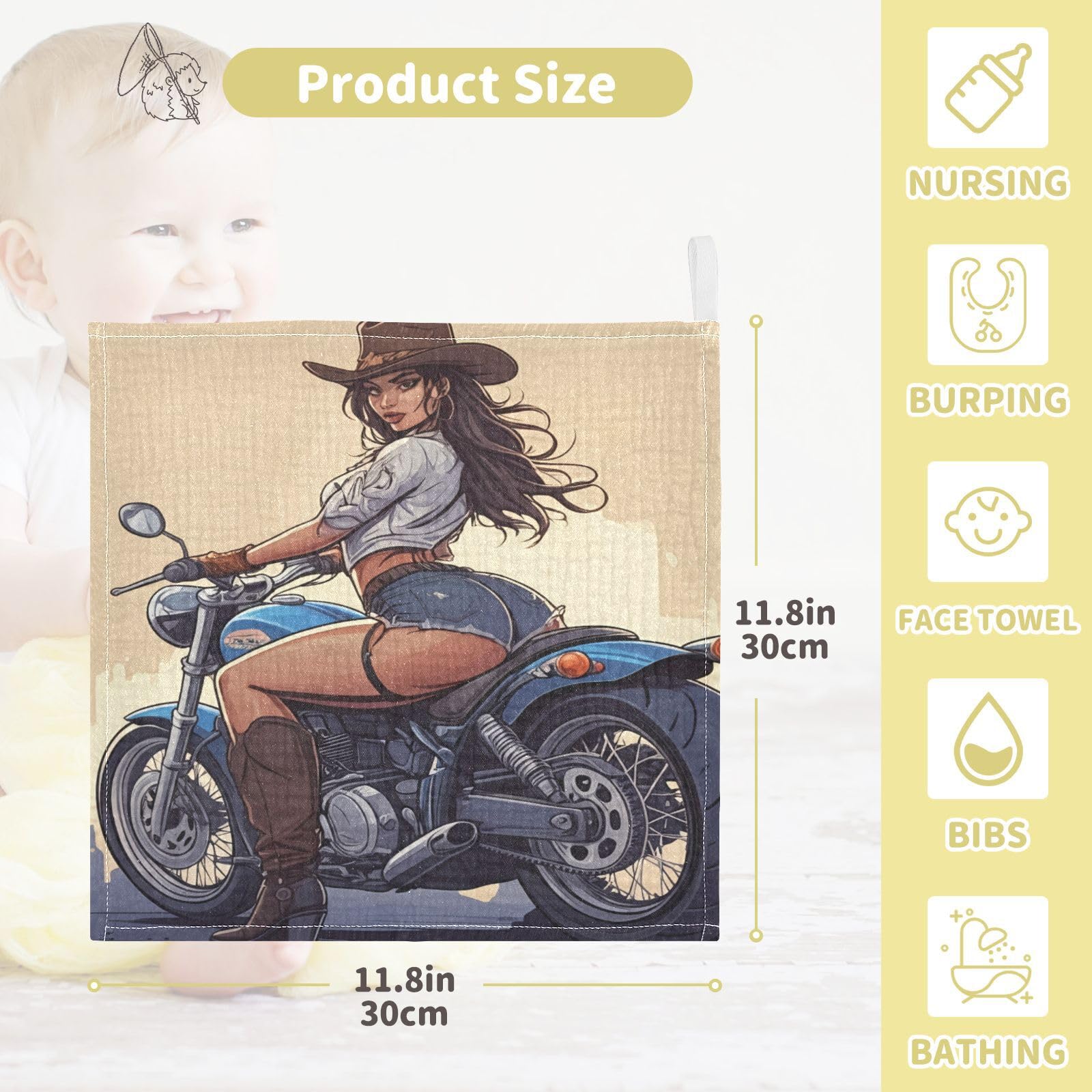Kigai Cowgirl Riding A Motorcycle Baby Washcloths,3pcs Ultra Soft Absorbent Towel,Newborn Bath Face Towel, Natural Reusable Baby Wipes for Sensitive Skin, Baby Registry as Shower