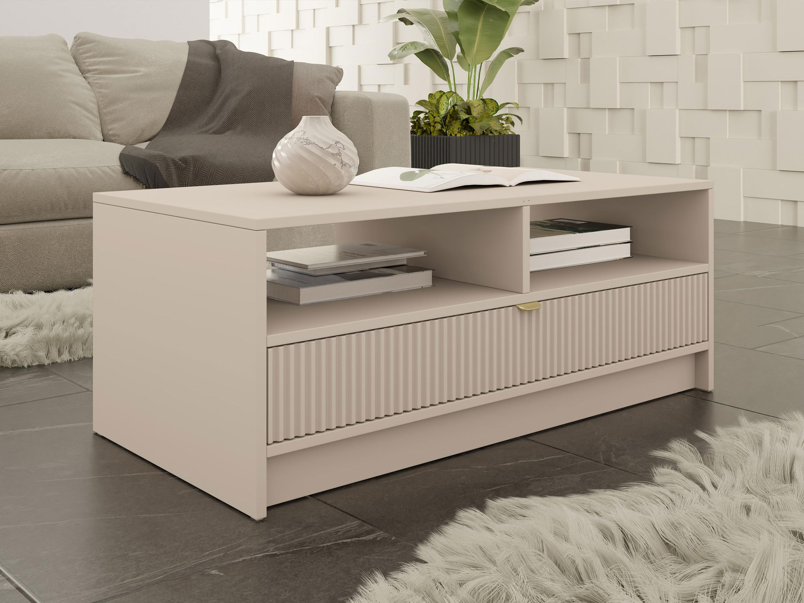 Mirjan24 Couchtisch Tireno 1SZ mit Schublade (Sandbeige) | Kaffeetisch mit geriffelter Front, goldfarbenem Griff und Ablagefächern für Fernbedienungen, Zeitschriften und Zubehör
