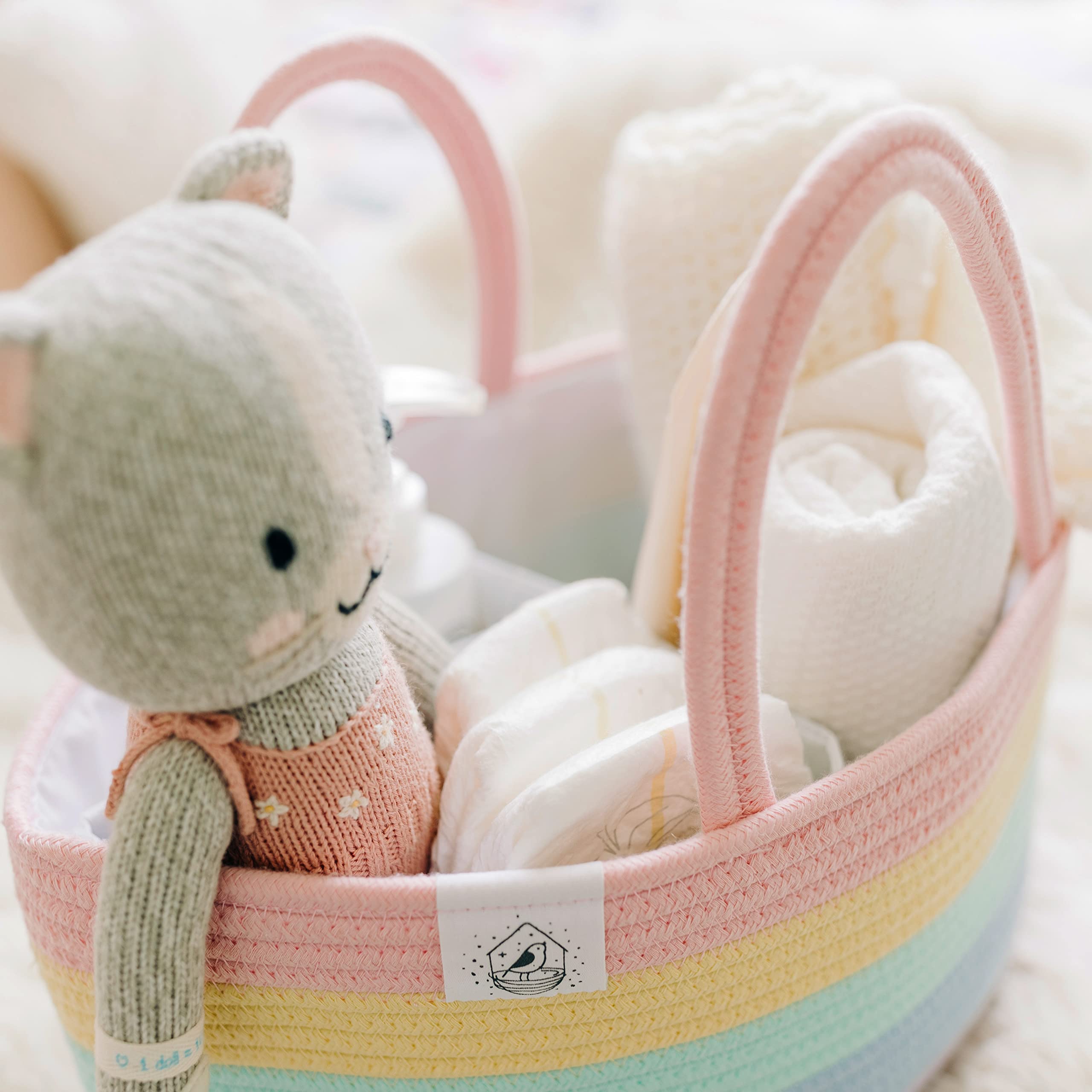 OrganiHaus Cestino Portaoggetti Nursery Arcobaleno Pastello in Corda di Cotone, Organizer Giochi e Pannolini con Manici, Pieghevole e Lavabile in Lavatrice, Ideale per Cameretta e Lavanderia