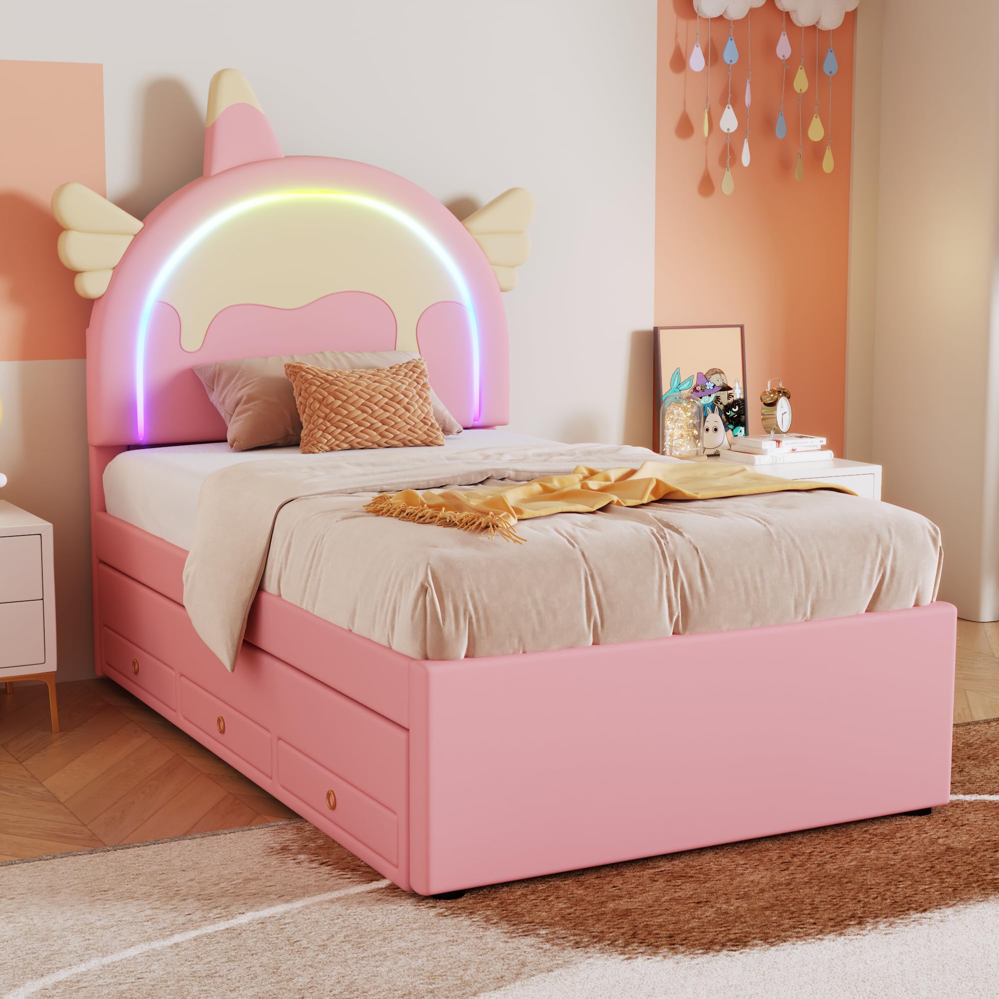 Cama Nido 90x200 cm Rosa con diseño de Unicornio y Cama extraíble con Ruedas cajones Inferiores Cama tapizada Cama Individual para Dormitorio Juvenil y Dormitorio