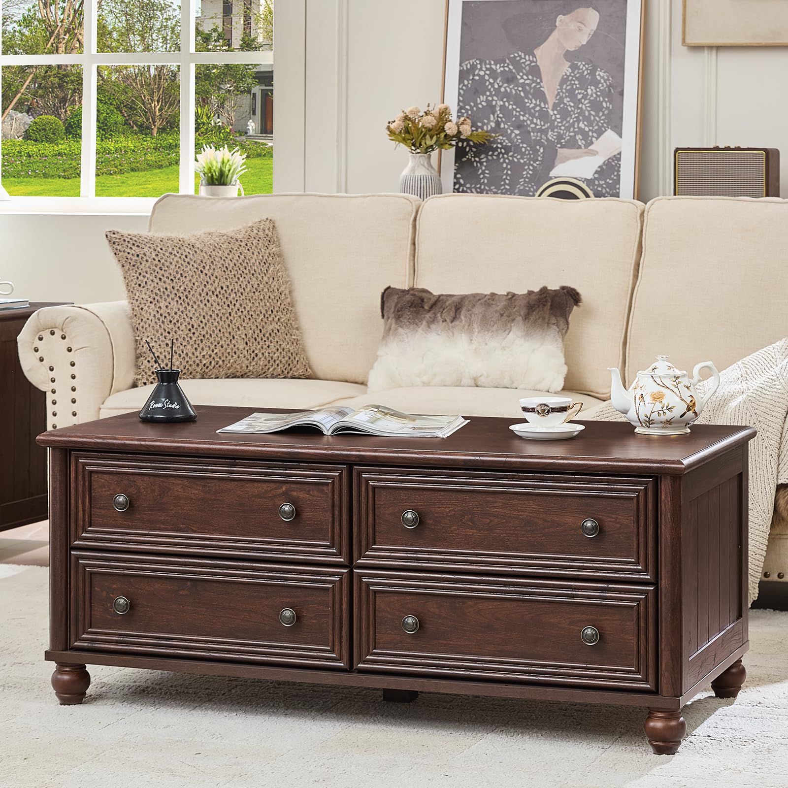 48 Farmhouse Coffee Table with Hidden Storage Wooden Coffee Tables with 4 Drawers Roman Column Handle Rectangular Rustic