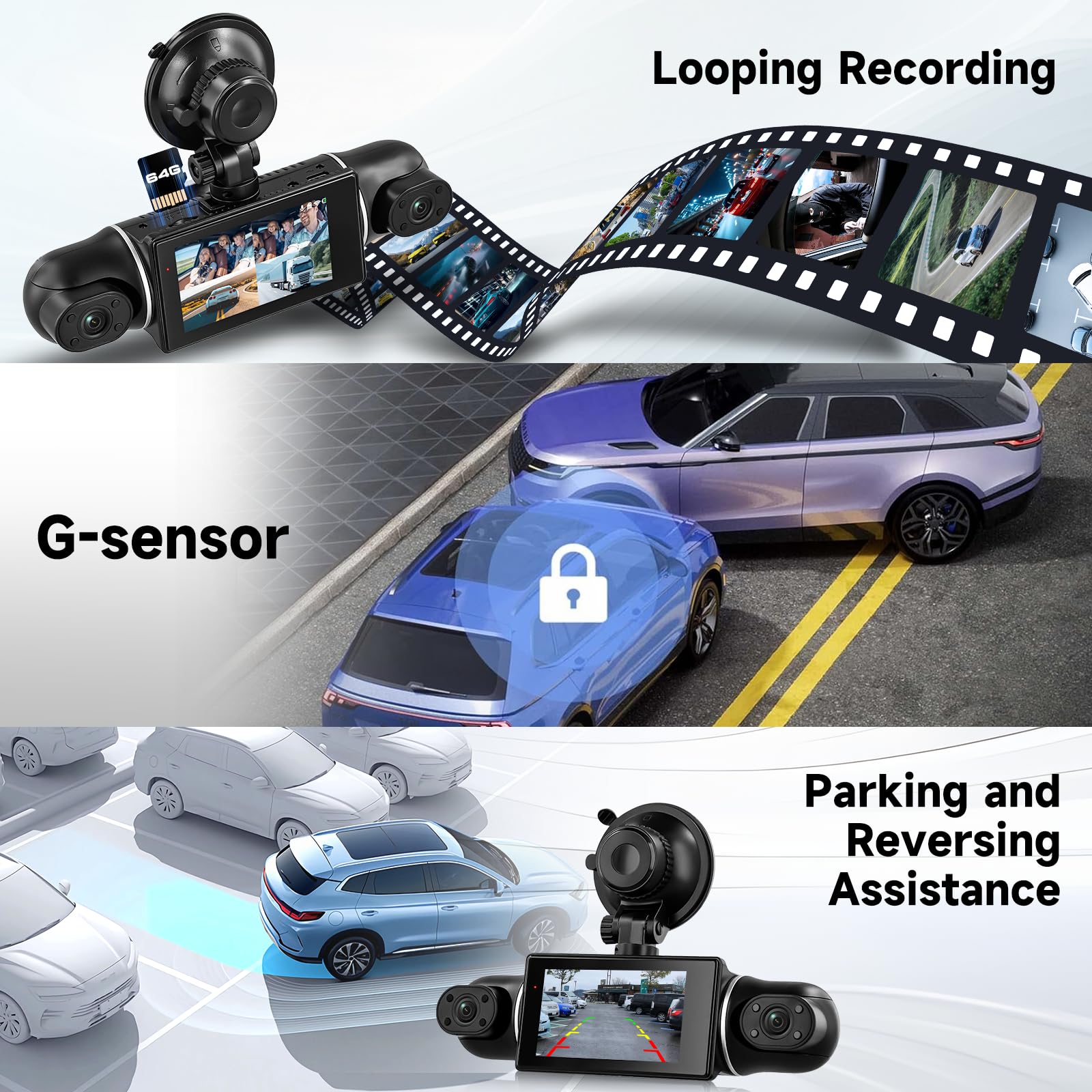 Hodozzy 2K WiFi 4 Canaux Dashcam Voiture, Contrôle Via App Dash Cam Caméra avec Enregistrement en Boucle, Caméra Embarquée 3 Pouces avec Vision Nocturne, Capteur G, Image Miroir, Assistance Arrière