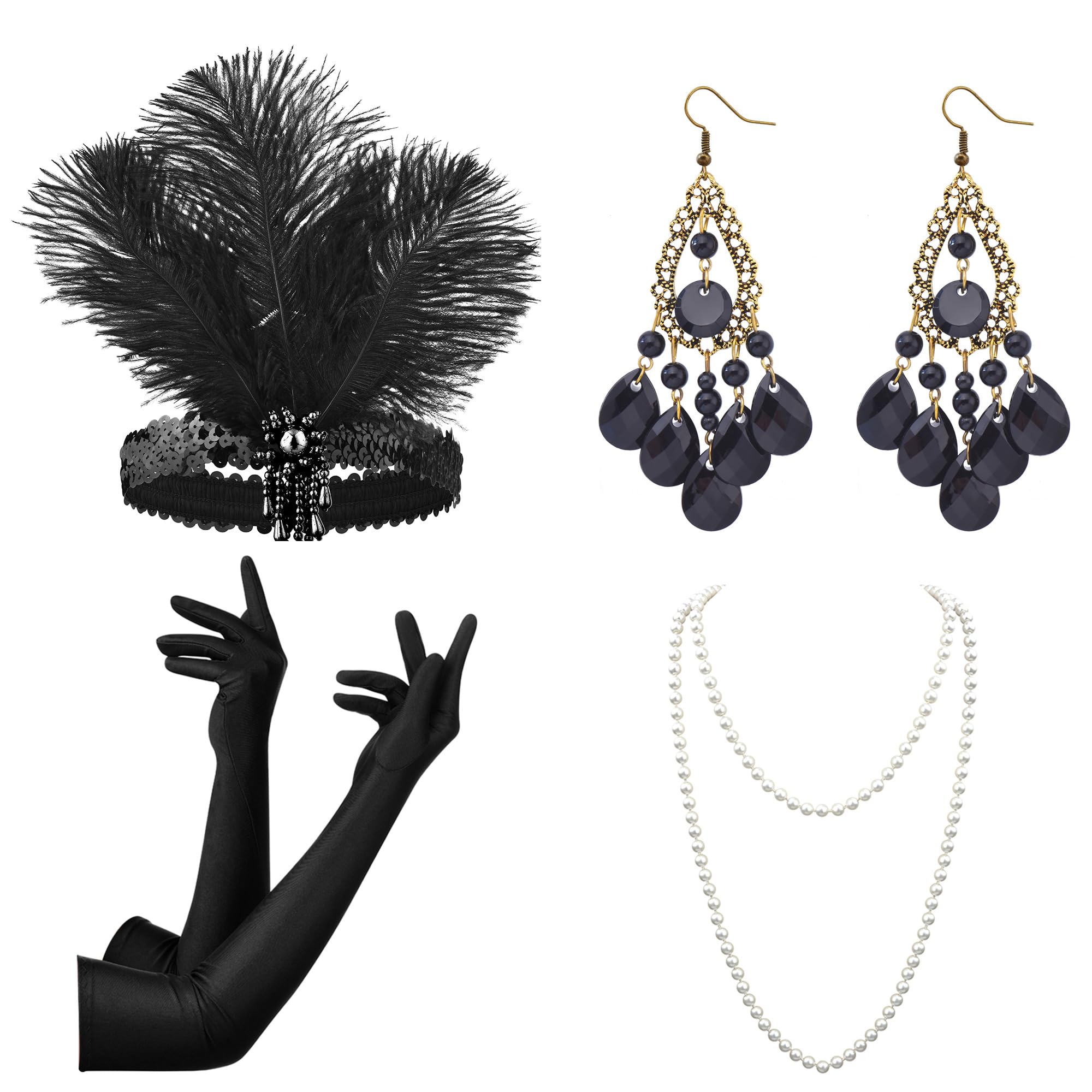 Women 1920s Flapper Set,Roaring 20s Headband Headpiece Costume Accessories for Halloween Party Cosplay