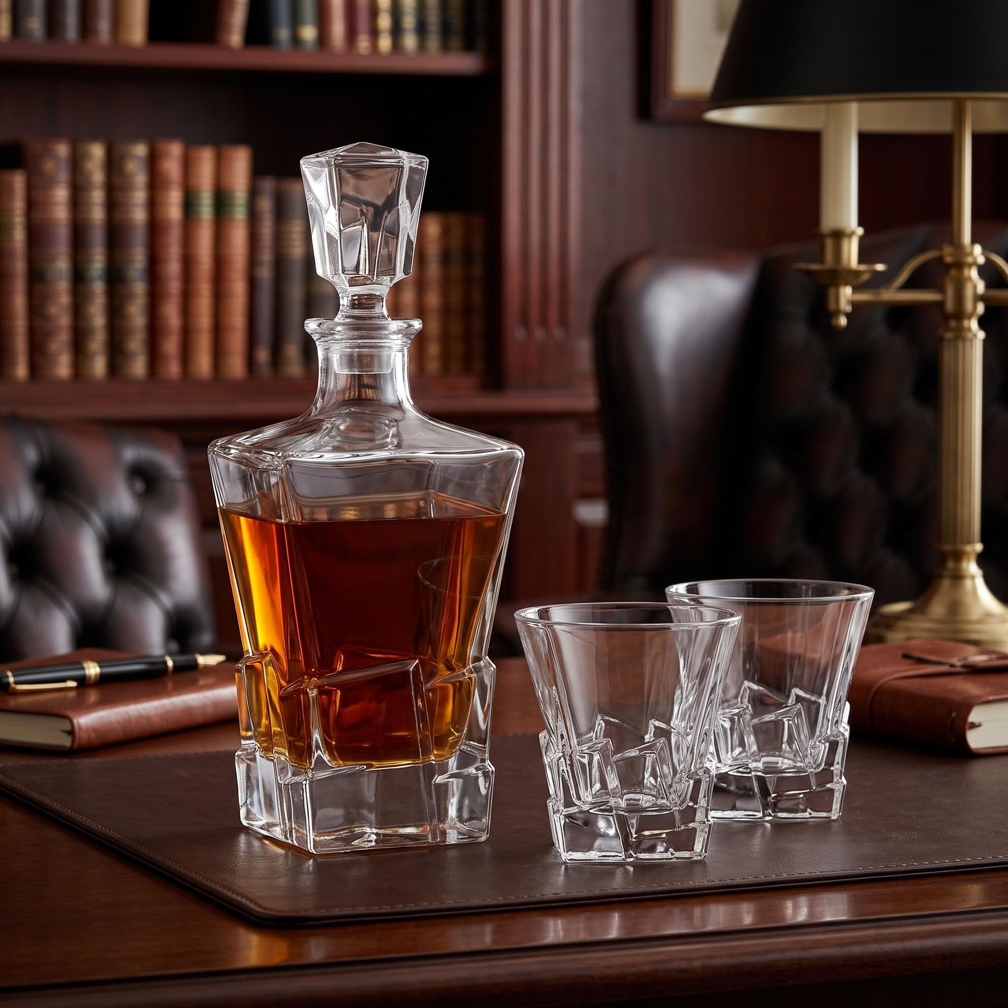 Glasmark Krosno 1992 Decantador con Vasos 3 piezas para Whisky y Licores - Decantador de Vidrio 850 ml y 2 Vasos 240 ml - en Caja de Regalo Negra - Diseño con Carácter