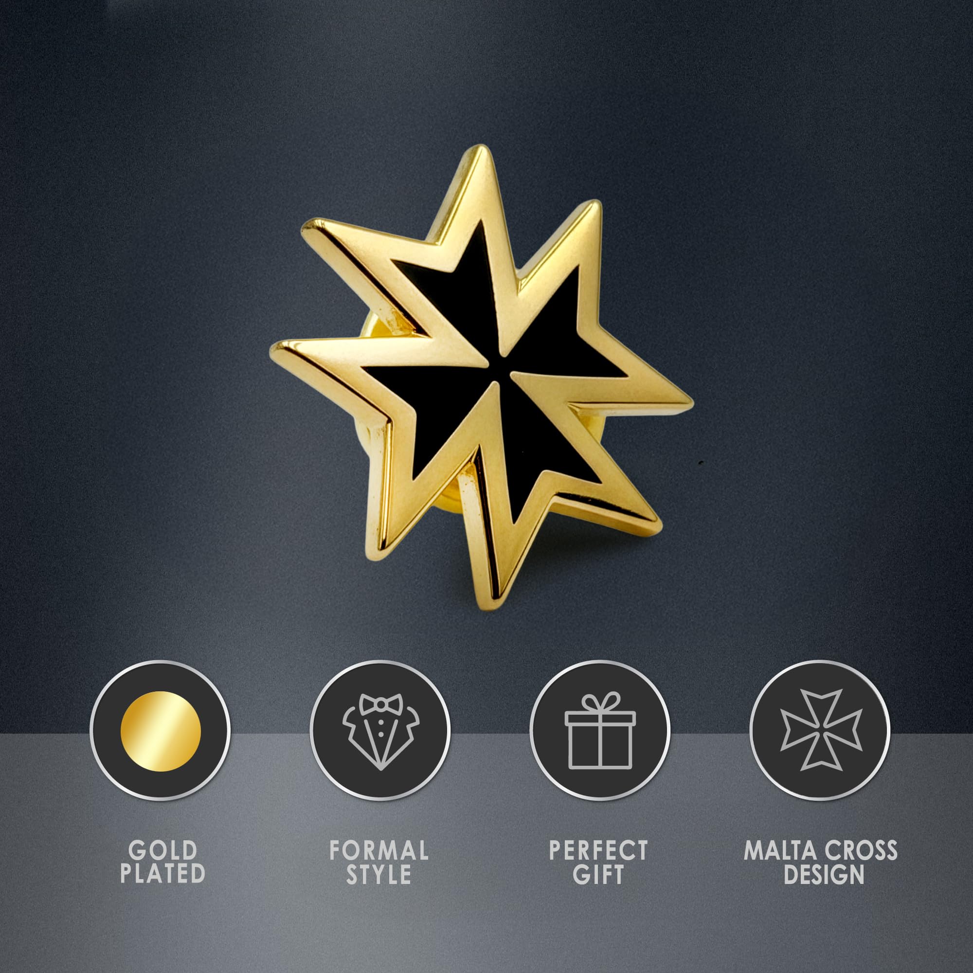 THE MASONIC COLLECTION - Insignia chapada en oro de los Caballeros de Malta - Ajuste de pin de embrague - Viene en bolsa transparente - Regalos masones para hombres