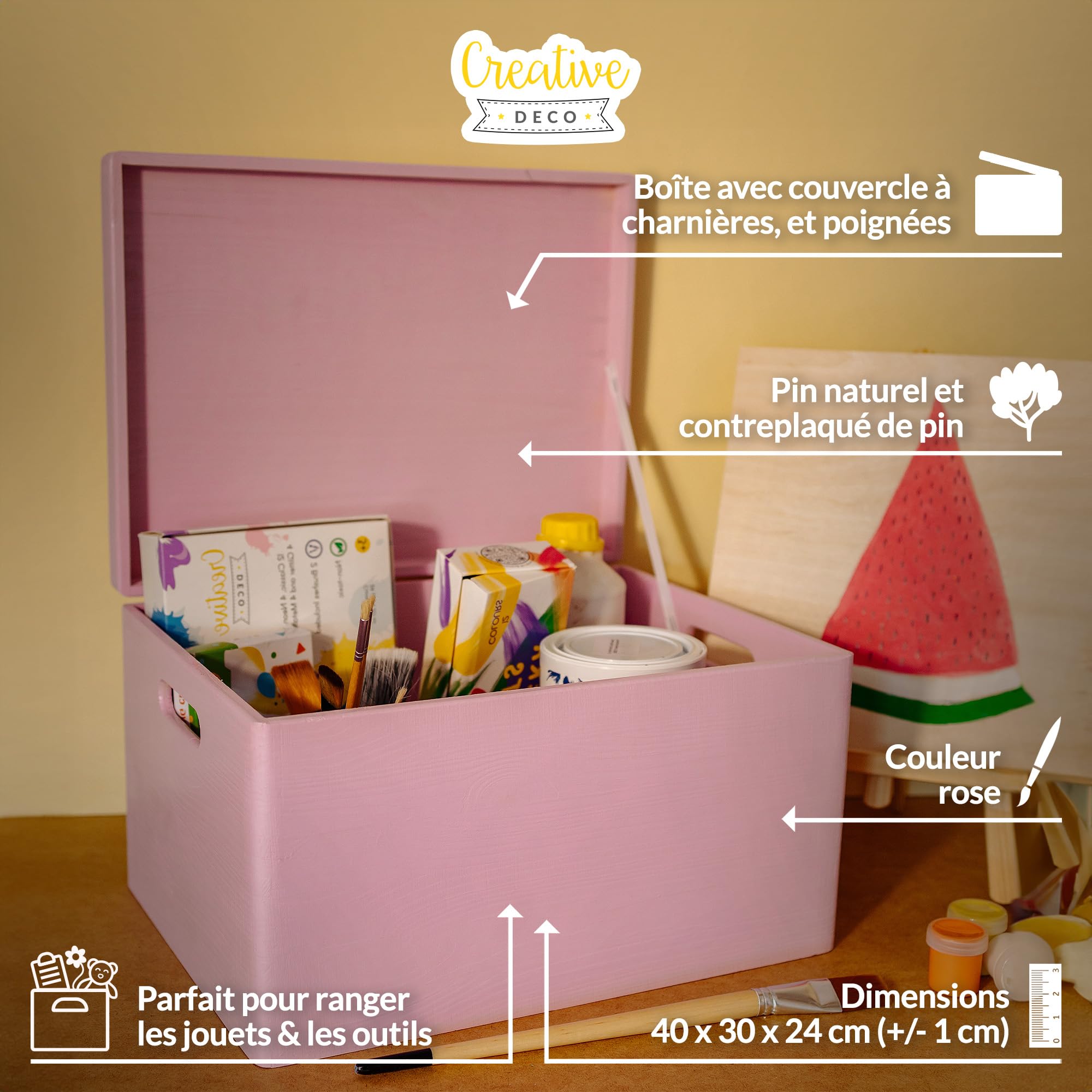 Creative Deco Boite Rangement en Bois Rose | 40 x 30 x 24 cm (+/- 1 cm) | avec Couvercle et Poignées | Boite en Bois | Boite a Souvenir | Boîte Caisse Malle Coffre | BRUT ET NON PONCÉ