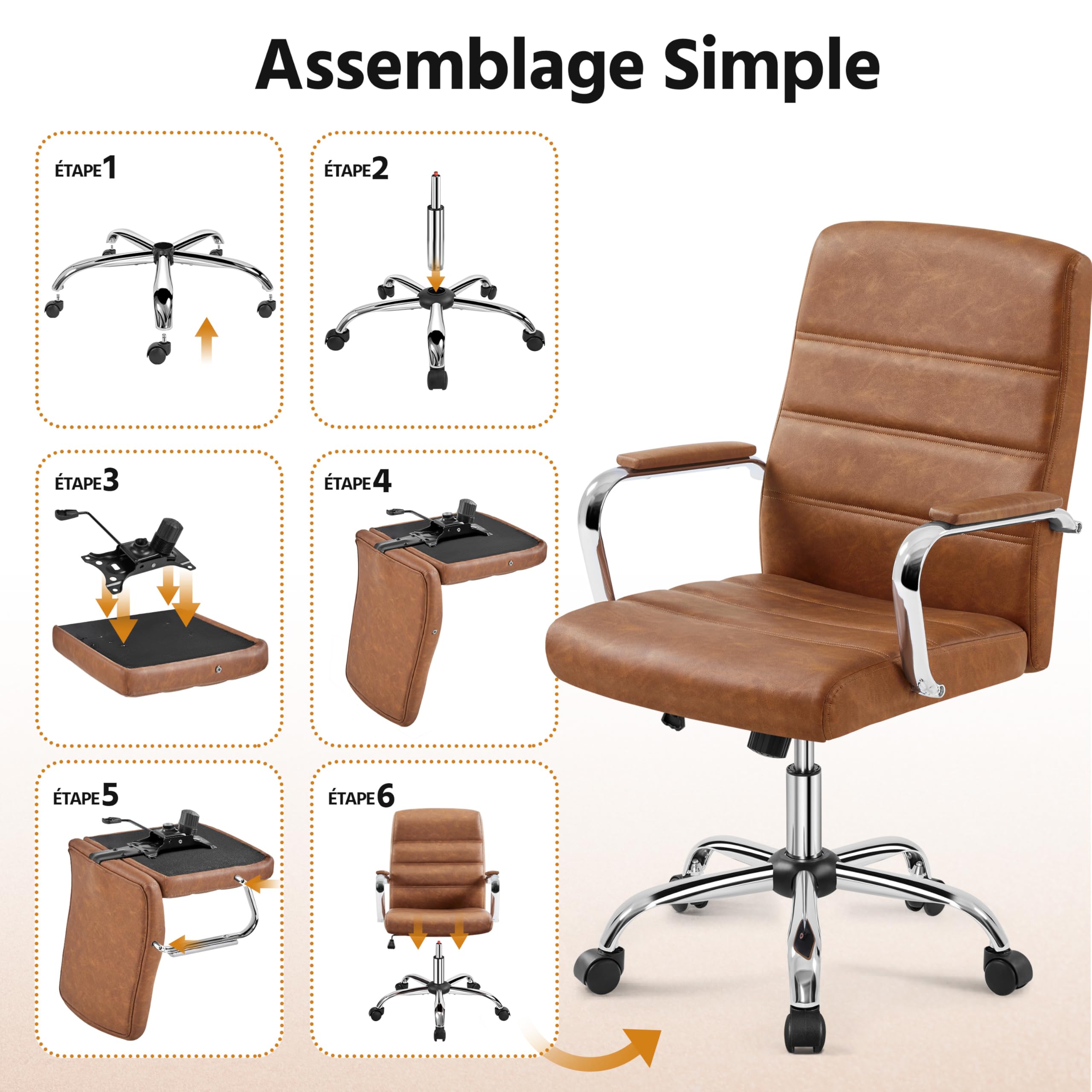 Yaheetech Fauteuil de Bureau Similicuir Chaise de Bureau Erconomique Hauteur Réglable Inclinable avec Dossier Rembourré Brun Rustique