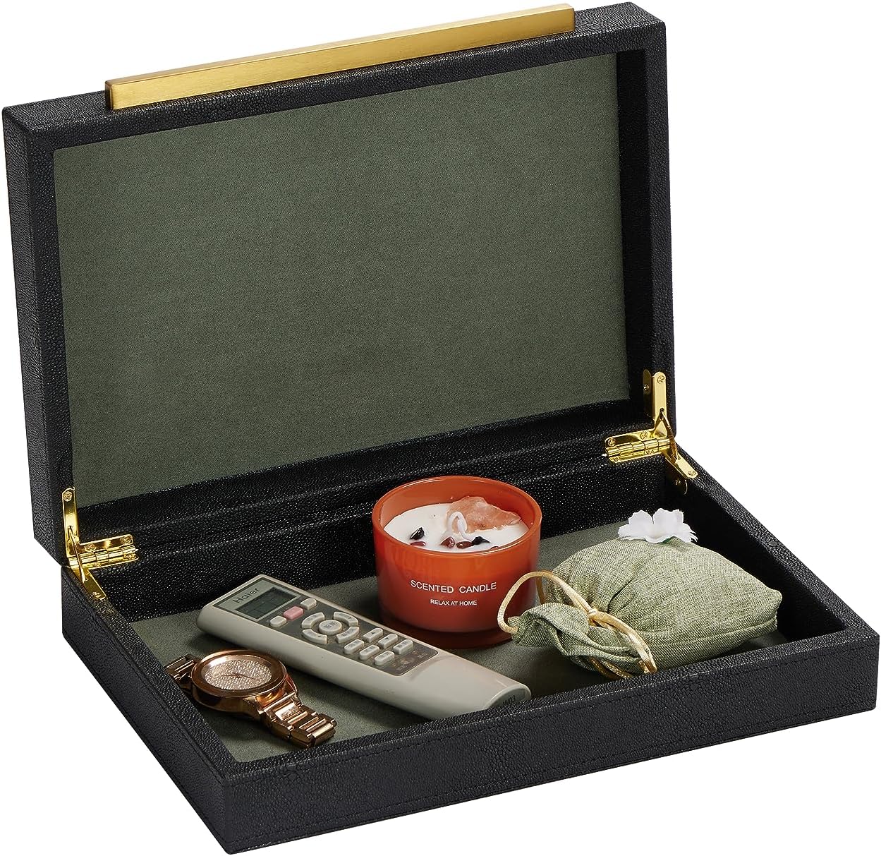 Kingflux Black Shagreen Leather Decorative Box, Storage Box Jewelry Organizer, Woment&Men's Accessory Organizer With Matt Golden Stainless Steel Handle (Black)
